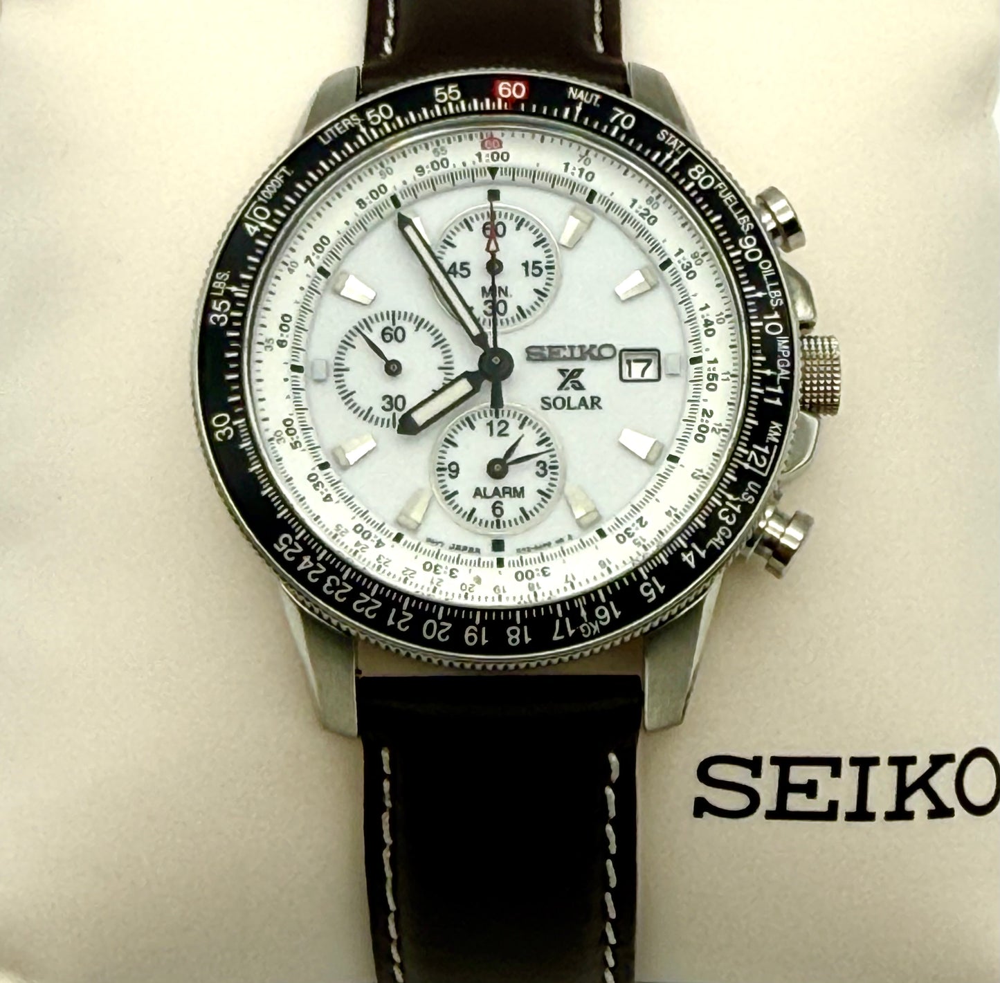 Seiko Flightmaster Solar Chronograph Pilot, 45mm size case, 8in size wrist leather band