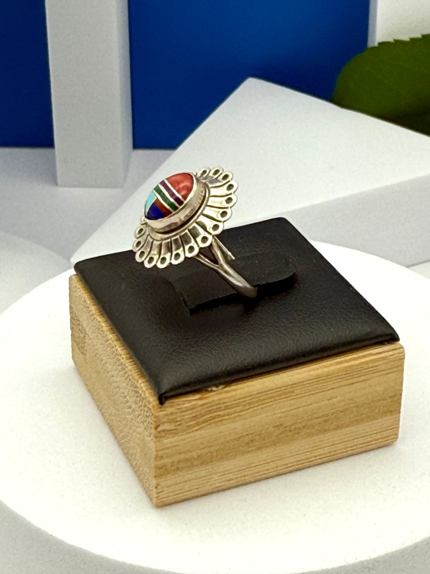 Vintage sterling silver ring American native Navajo inlay  size #5.5