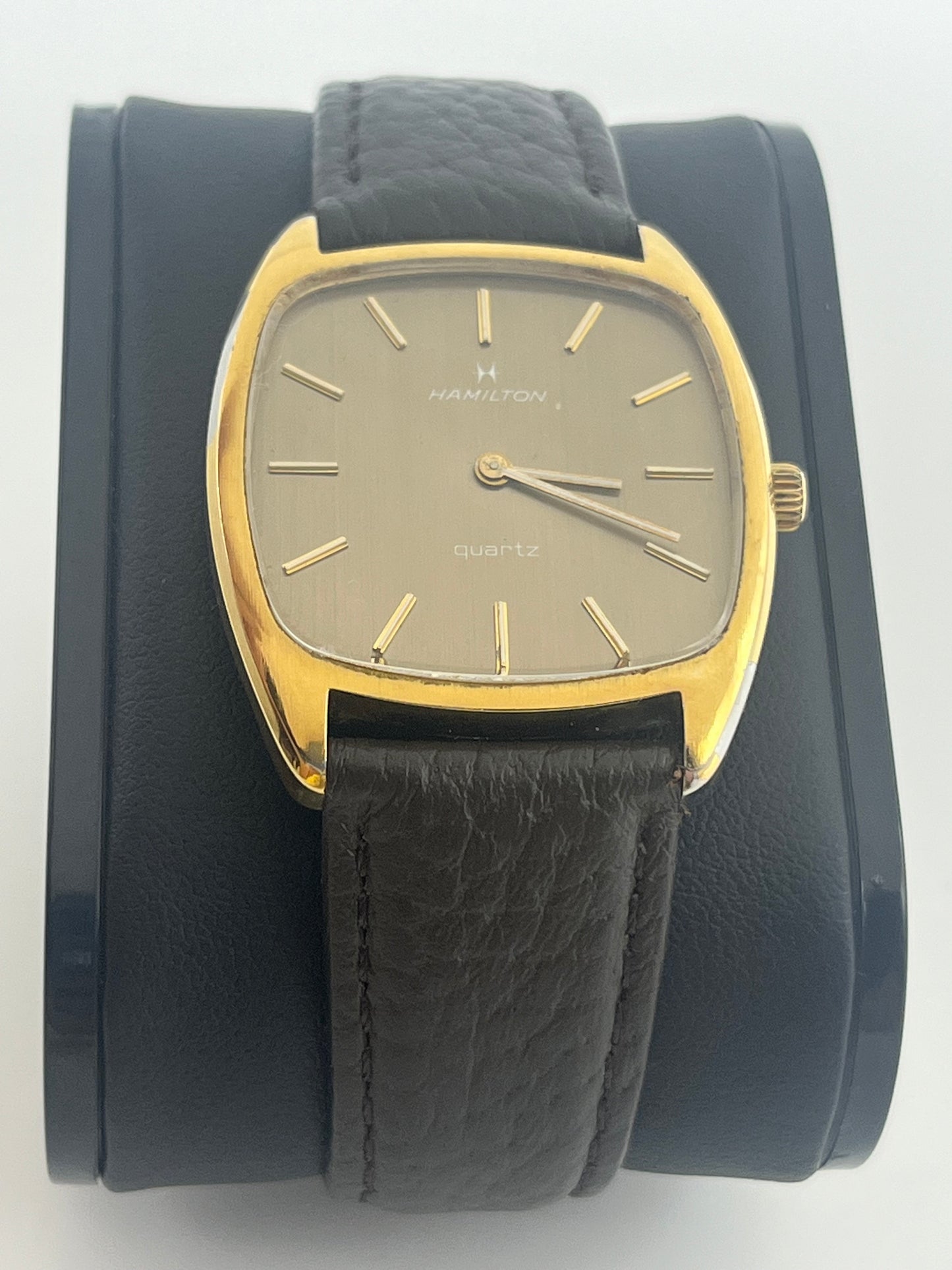 Vintage 1973 Hamilton watch, thank style, 14k gold electroplated bezel, 32mm size case, 8.5 long leather band