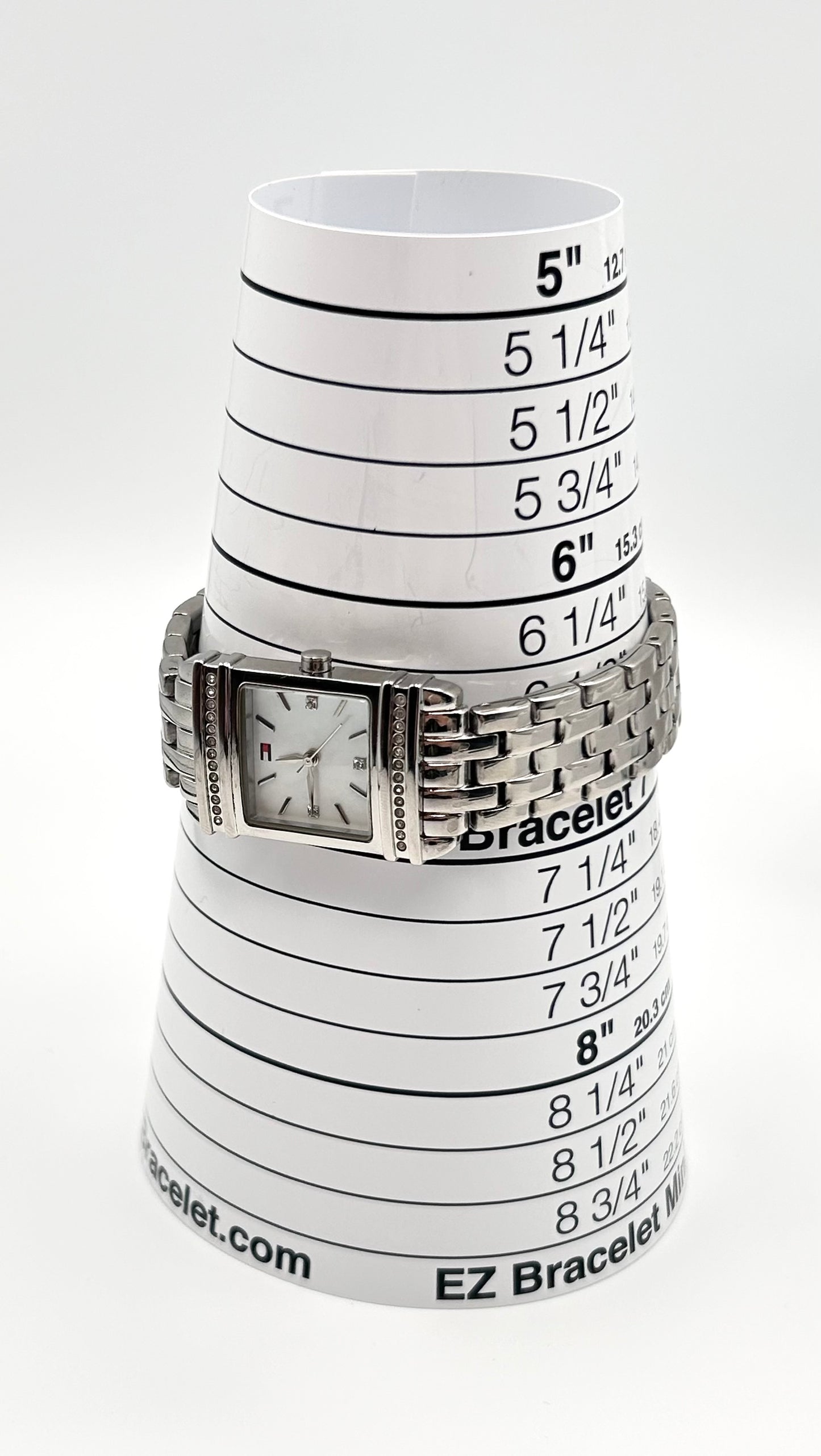 Tommy Hilfiger women watch, 22mm size case, 6.5 size wrist bracelet.