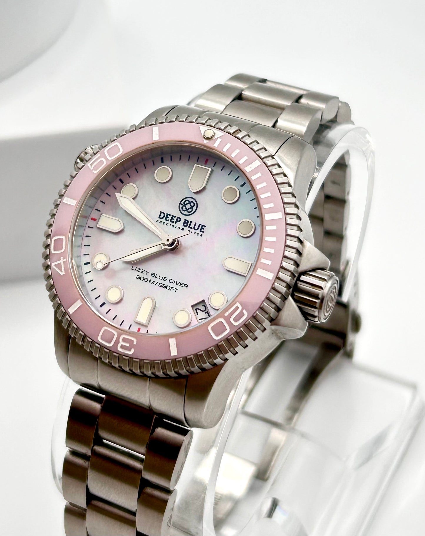 Deep Blue Precision River Lizzy Blue diver watch, 36mm size case, 6in size wrist bracelet.