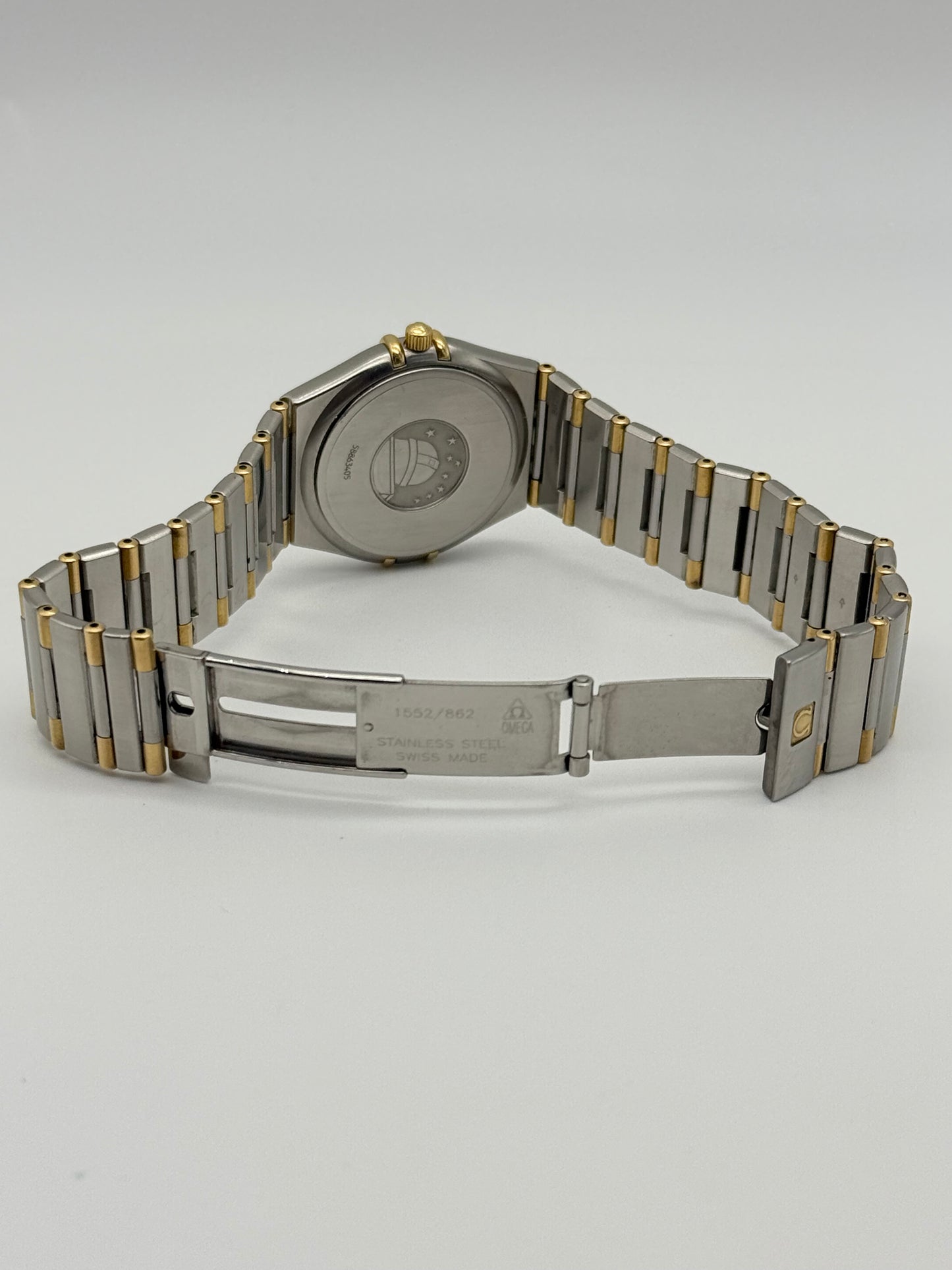 Vintage 1998 Omega Constellation 18k solid gold and stainless steel 39mm size case, 7.5in size wrist bracelet
