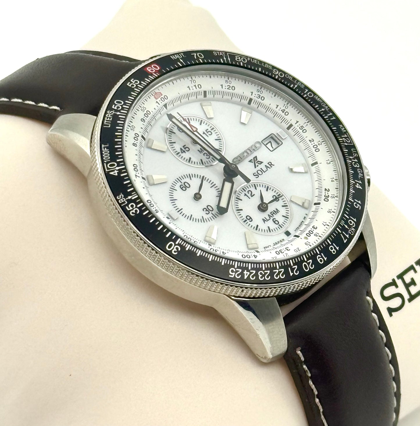 Seiko Flightmaster Solar Chronograph Pilot, 45mm size case, 8in size wrist leather band