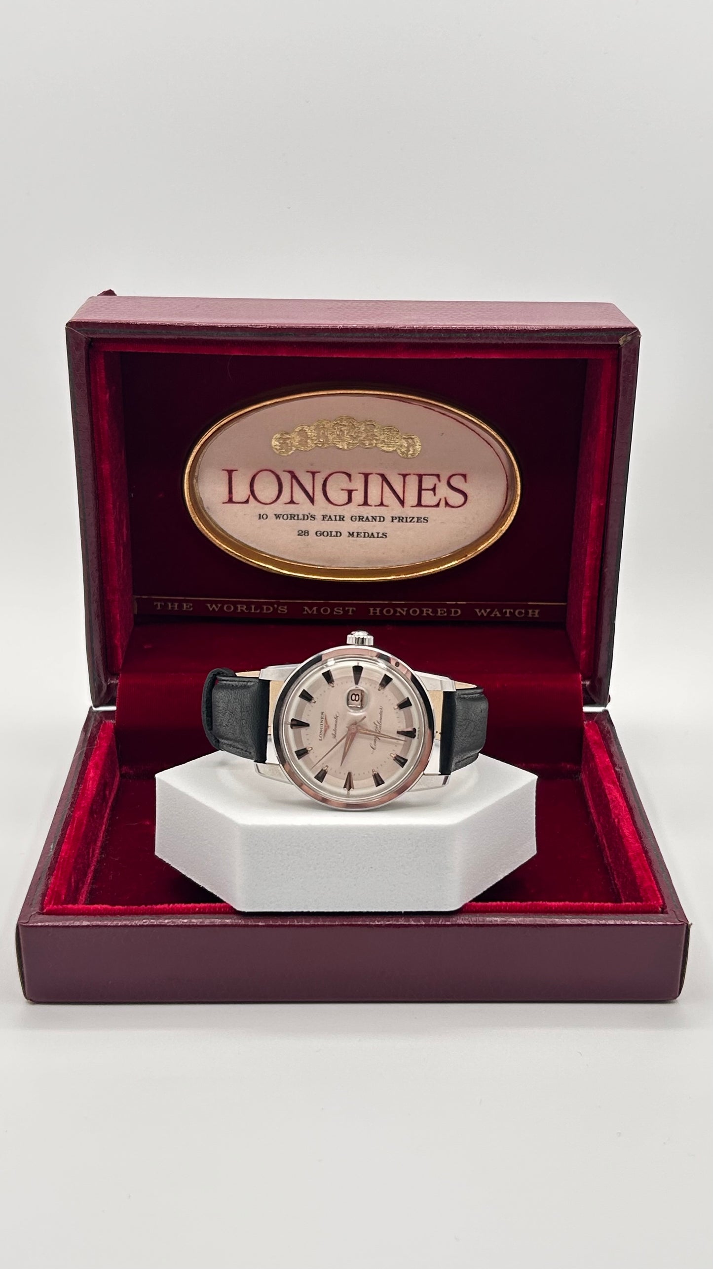 Vintage 1954 Longines Swiss watch, 36mm size case, 8in wrist leather band