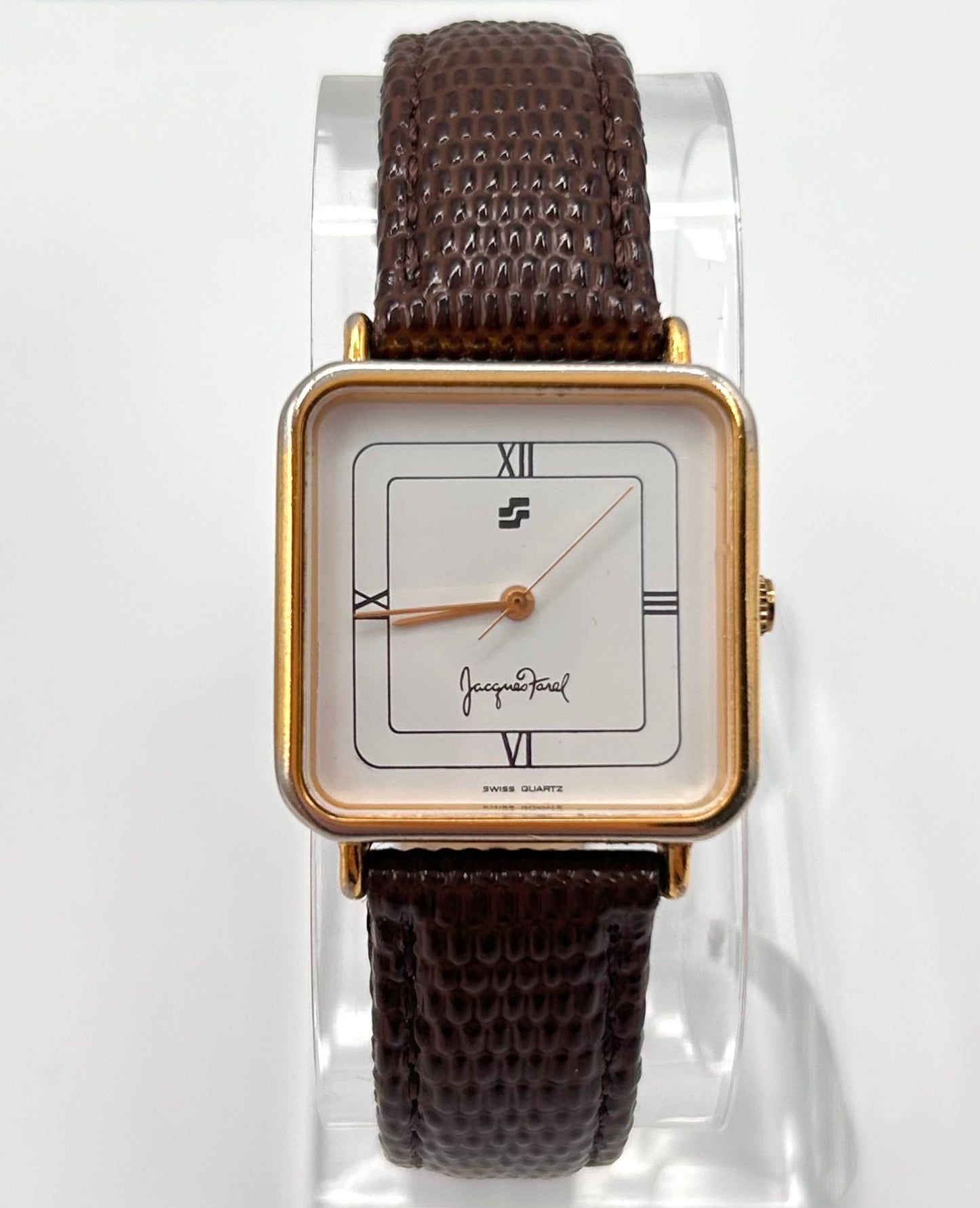 Vintage Jacques Farel watch, Swiss made, 27mm size case, 7in seize leather band.