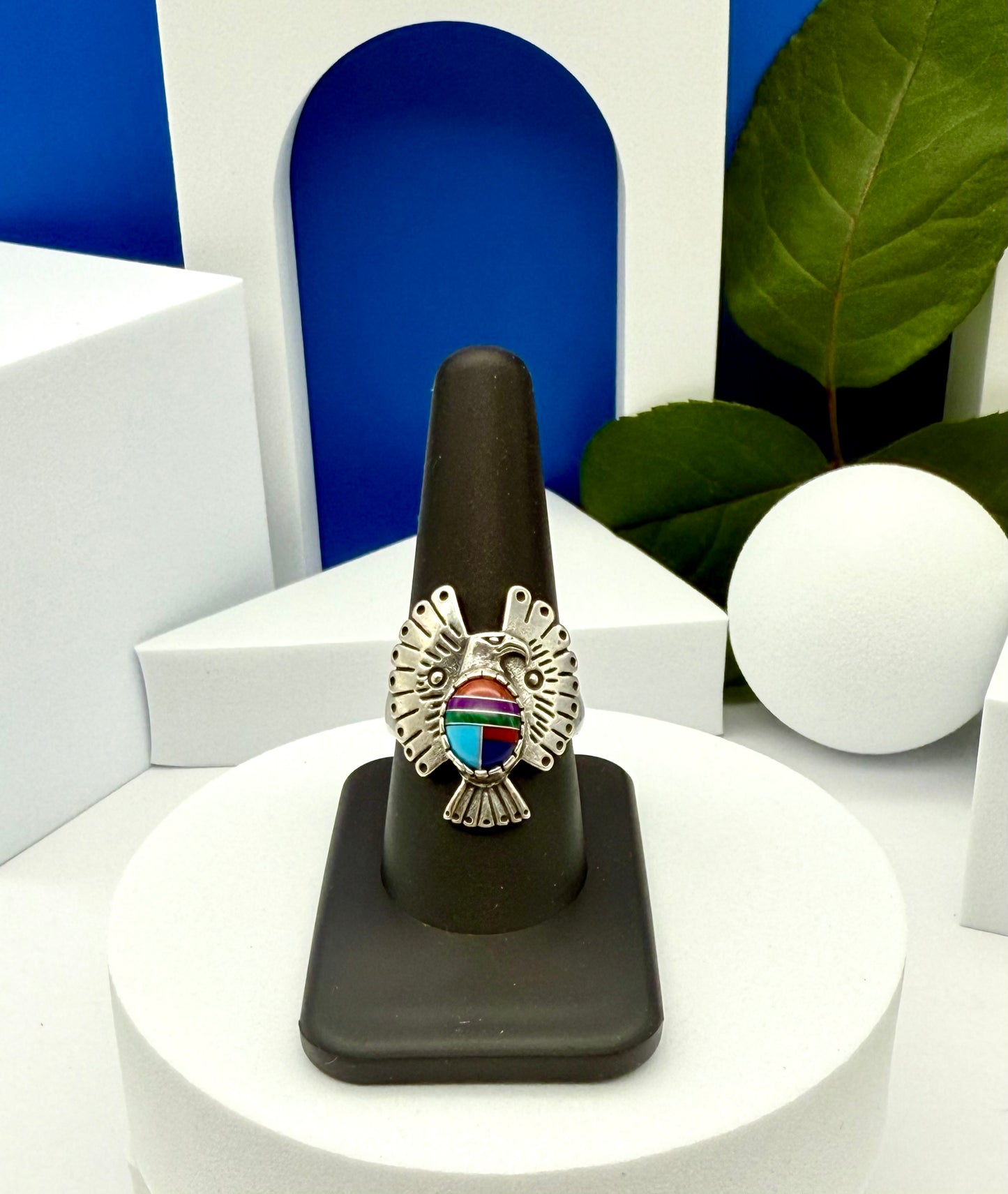 Vintage sterling silver ring American native Navajo inlay  size #9.5