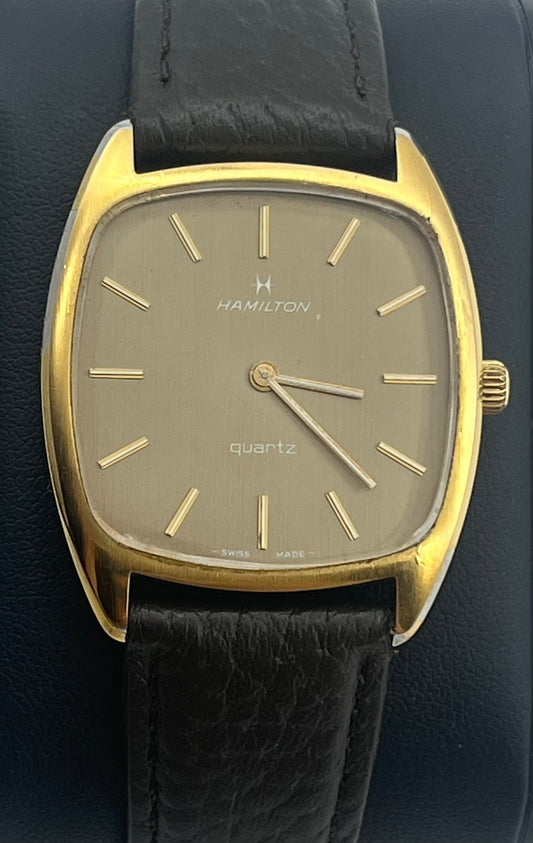 Vintage 1973 Hamilton watch, thank style, 14k gold electroplated bezel, 32mm size case, 8.5 long leather band