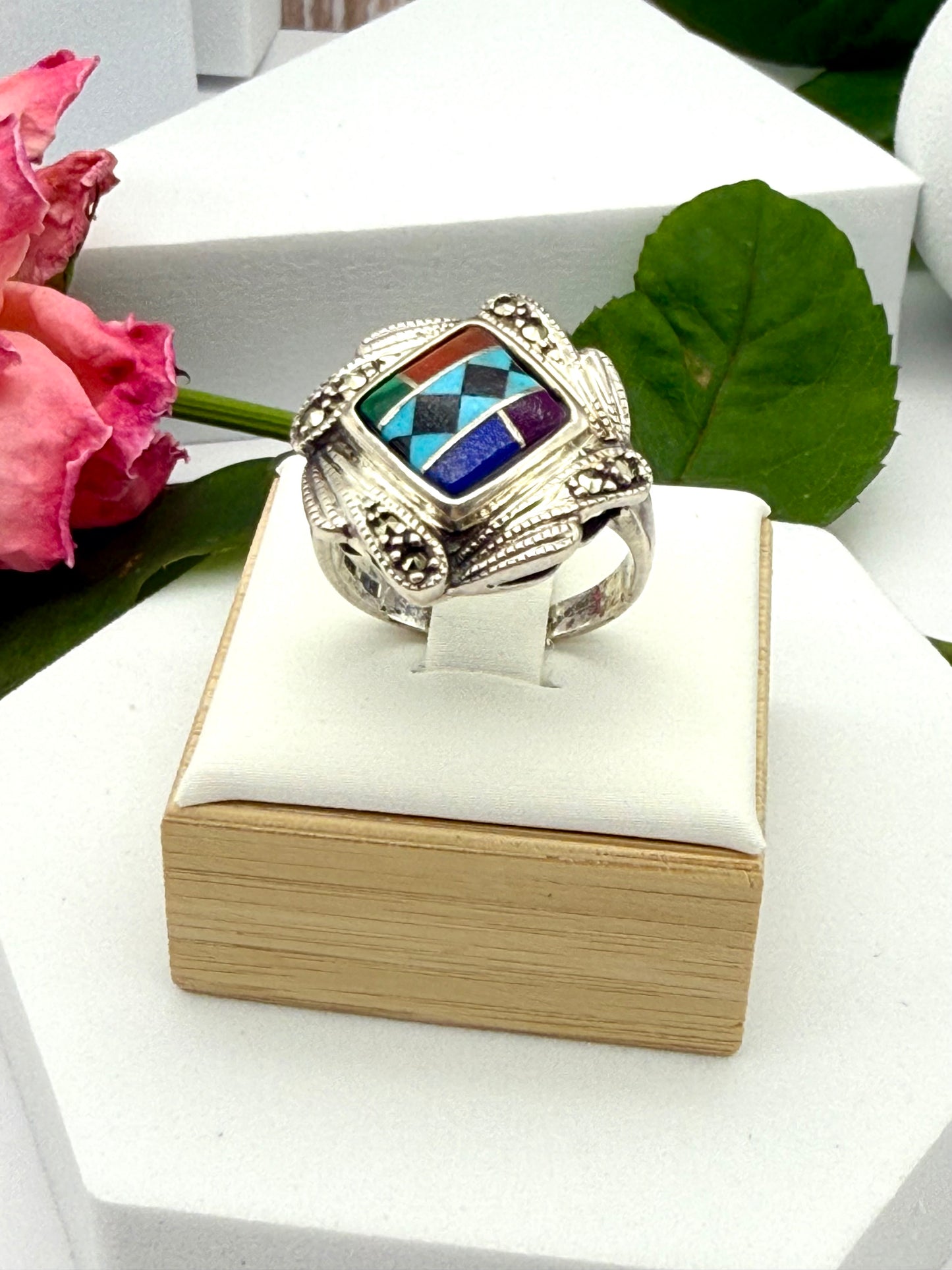 Vintage KC Sterling Silver Ring American Native Mosaic Inlay size # 9