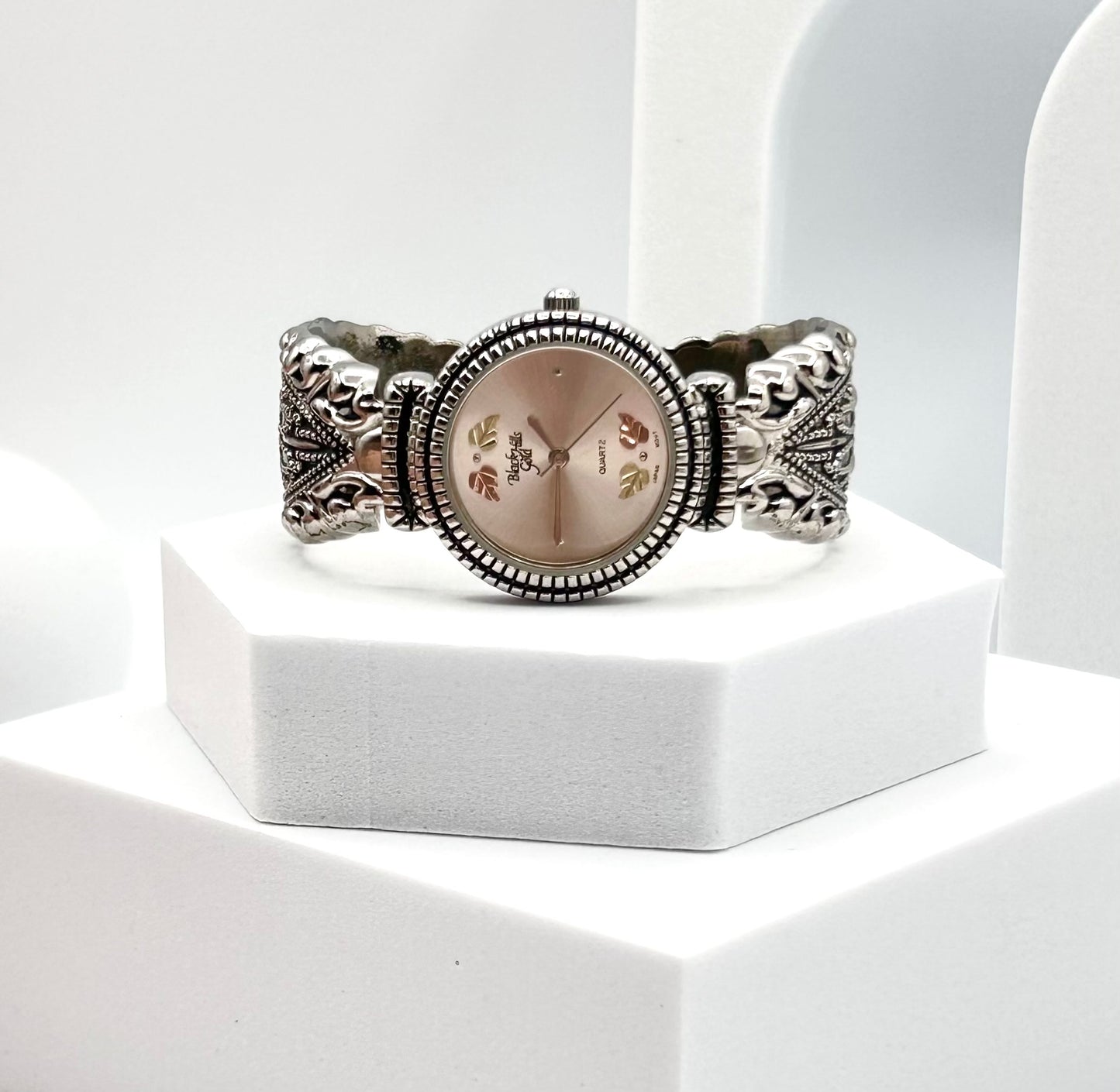 Vintage Black Hills Gold 12k and stainless steel cuff watch, 28mm size case, 5.5 in size wrist cuff