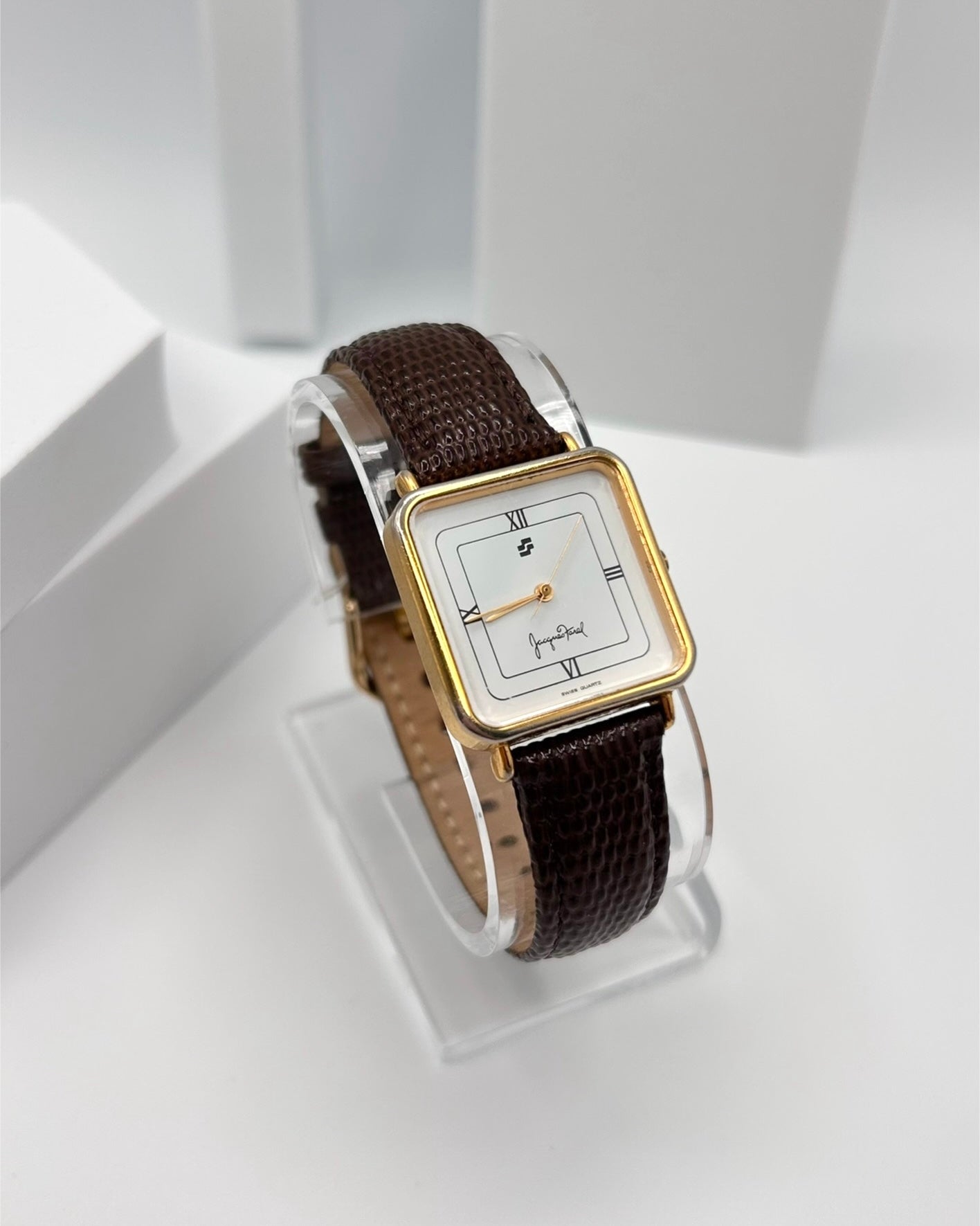 Vintage Jacques Farel watch, Swiss made, 27mm size case, 7in seize leather band.