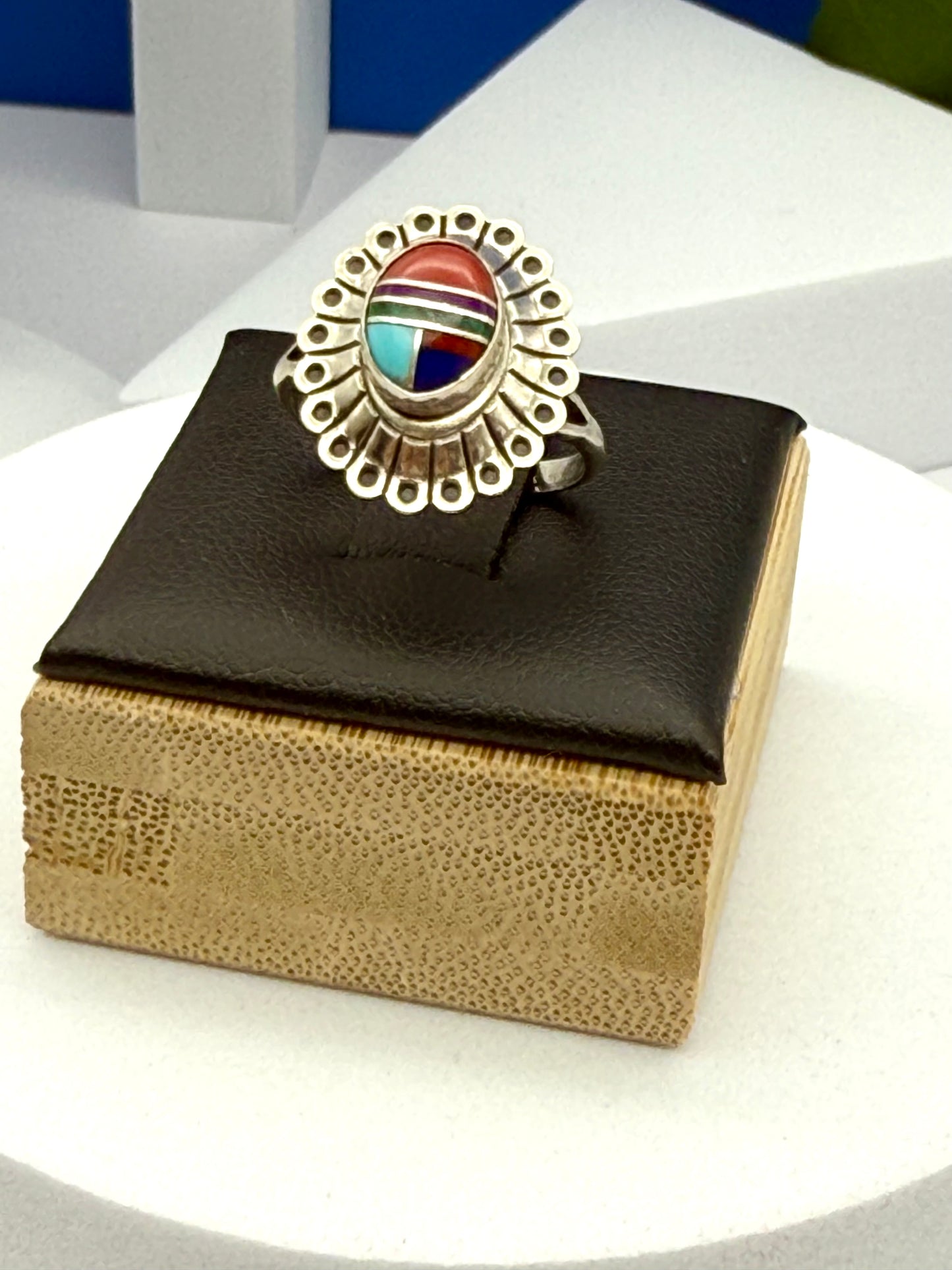 Vintage sterling silver ring American native Navajo inlay  size #5.5