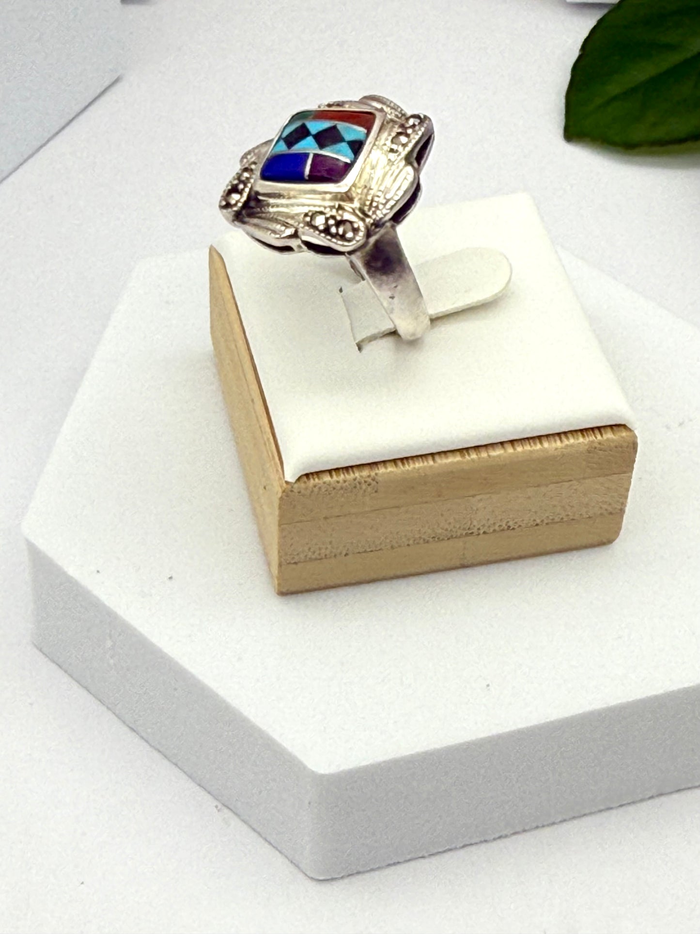 Vintage KC Sterling Silver Ring American Native Mosaic Inlay size # 9