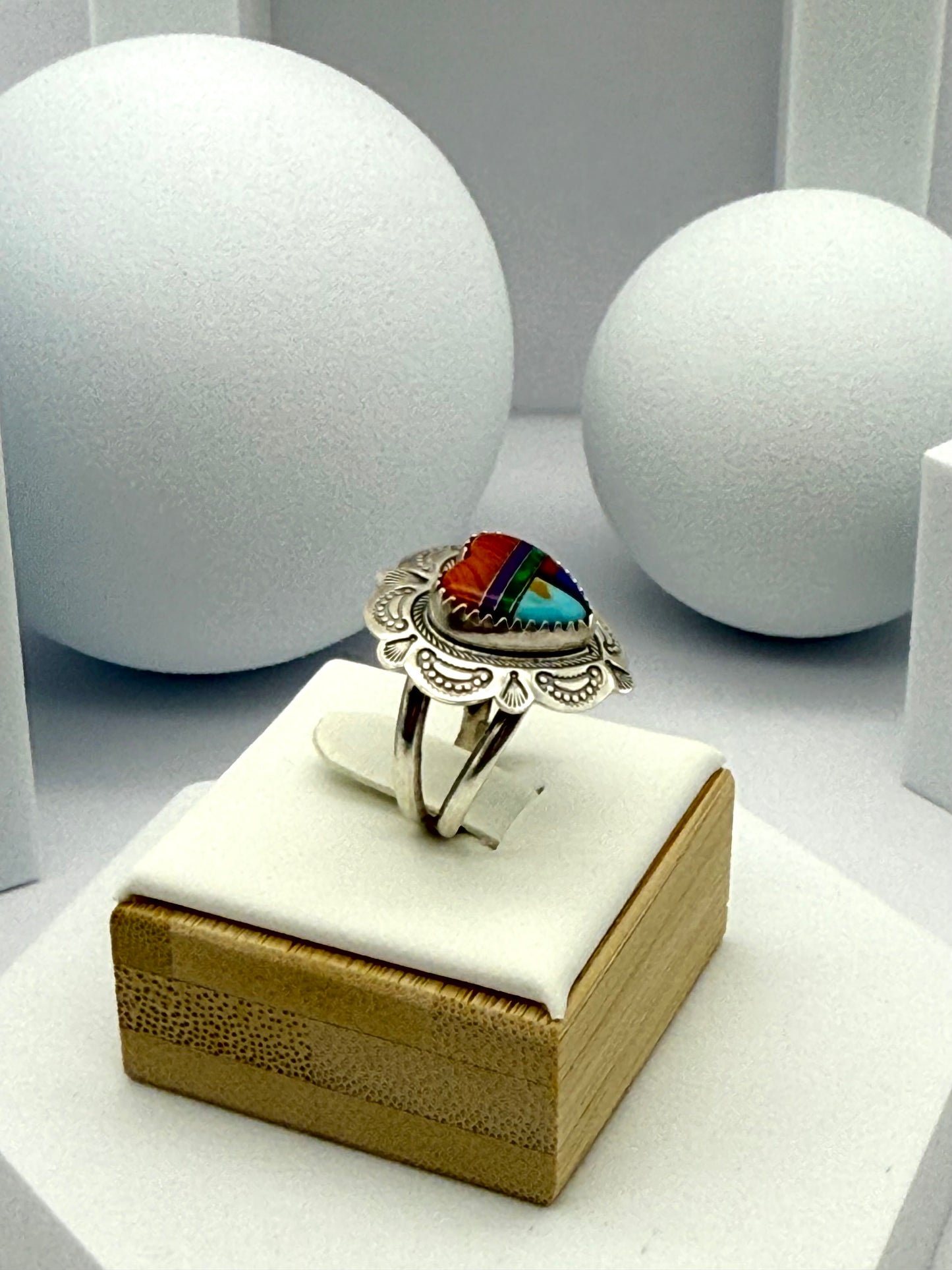 Vintage Q.T.O.  Native American Navajo Sterling Silver 925  Inlay Heart Ring