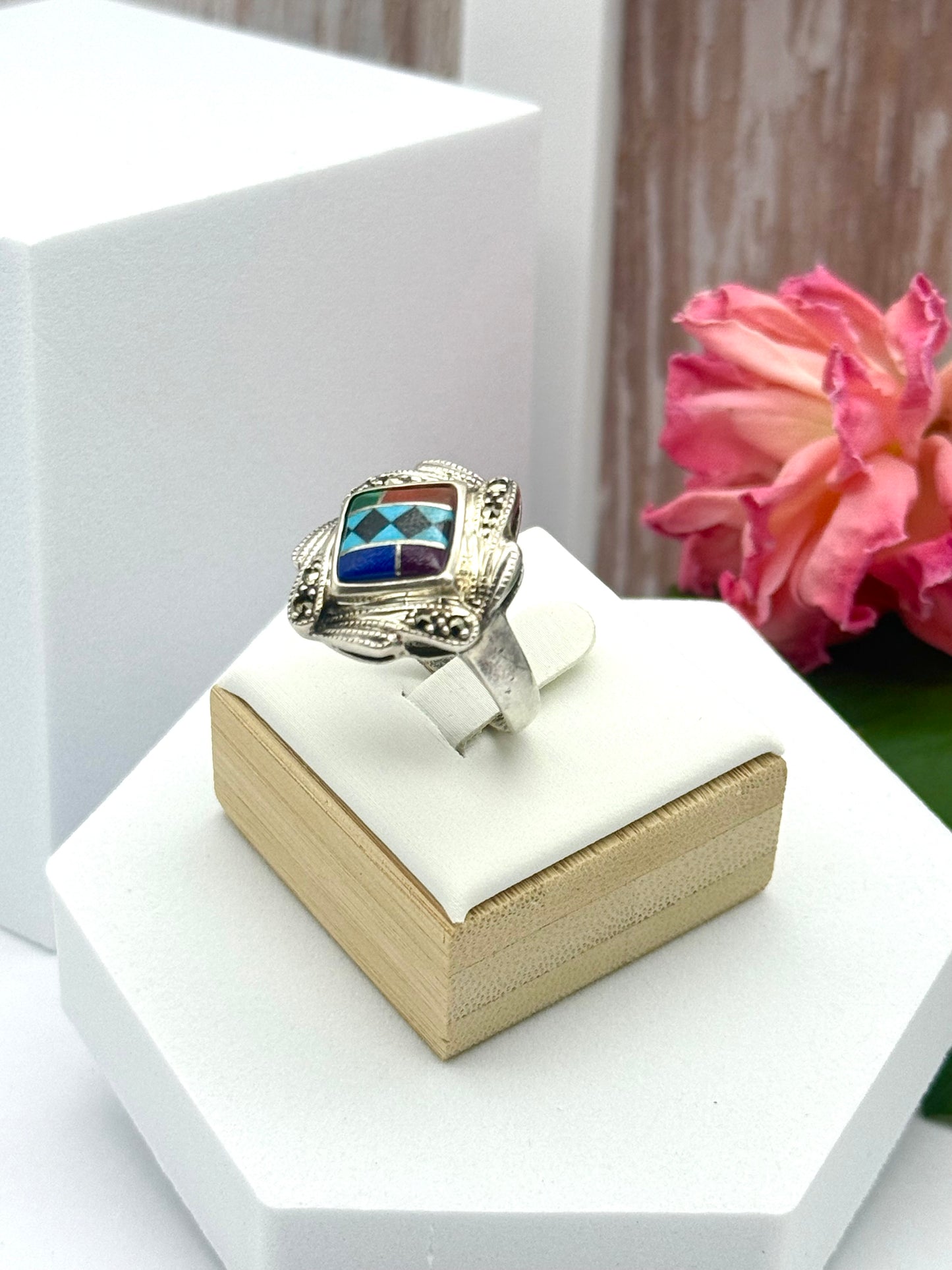 Vintage KC Sterling Silver Ring American Native Mosaic Inlay size # 9