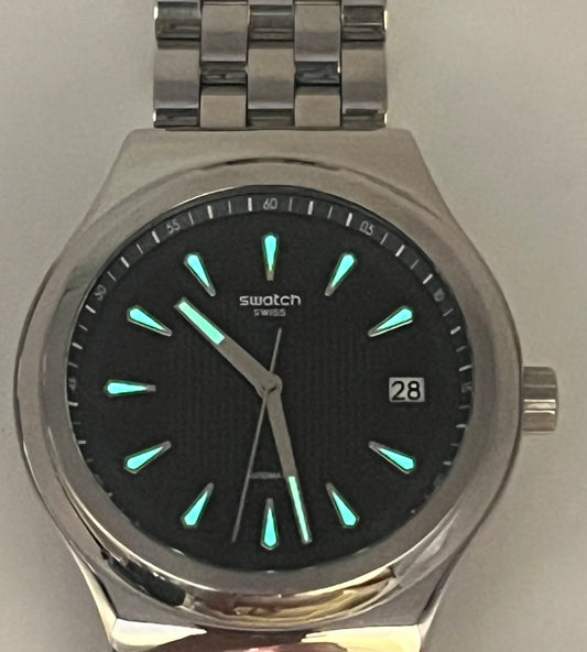 Automatic Swatch Watch, Swiss made, clear case back, 42mm size case, 7in size wrist bracelet