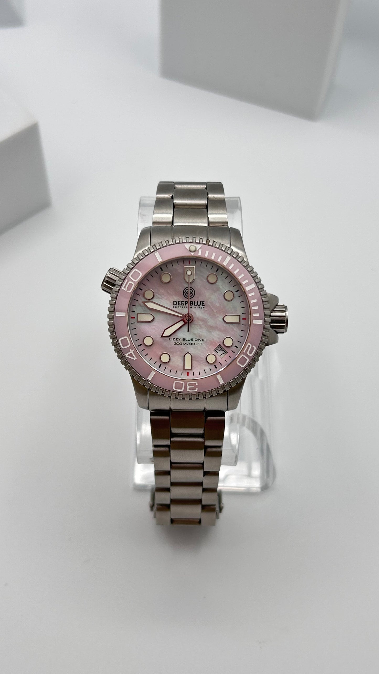 Deep Blue Precision River Lizzy Blue diver watch, 36mm size case, 6in size wrist bracelet.