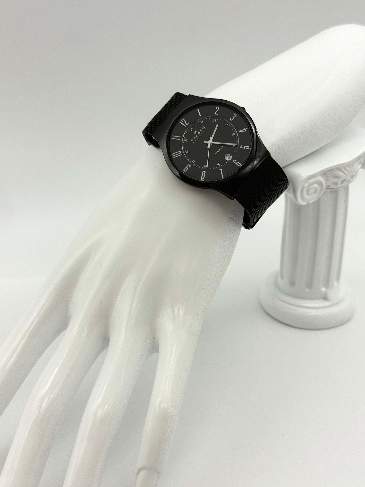 Skagen titanium watch, 38mm size case, 9.5in sizable wrist bracelet