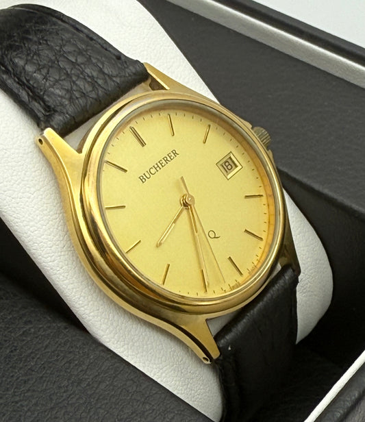 Bucherer Swiss watch, 36mm size case, 8in wrist leather band