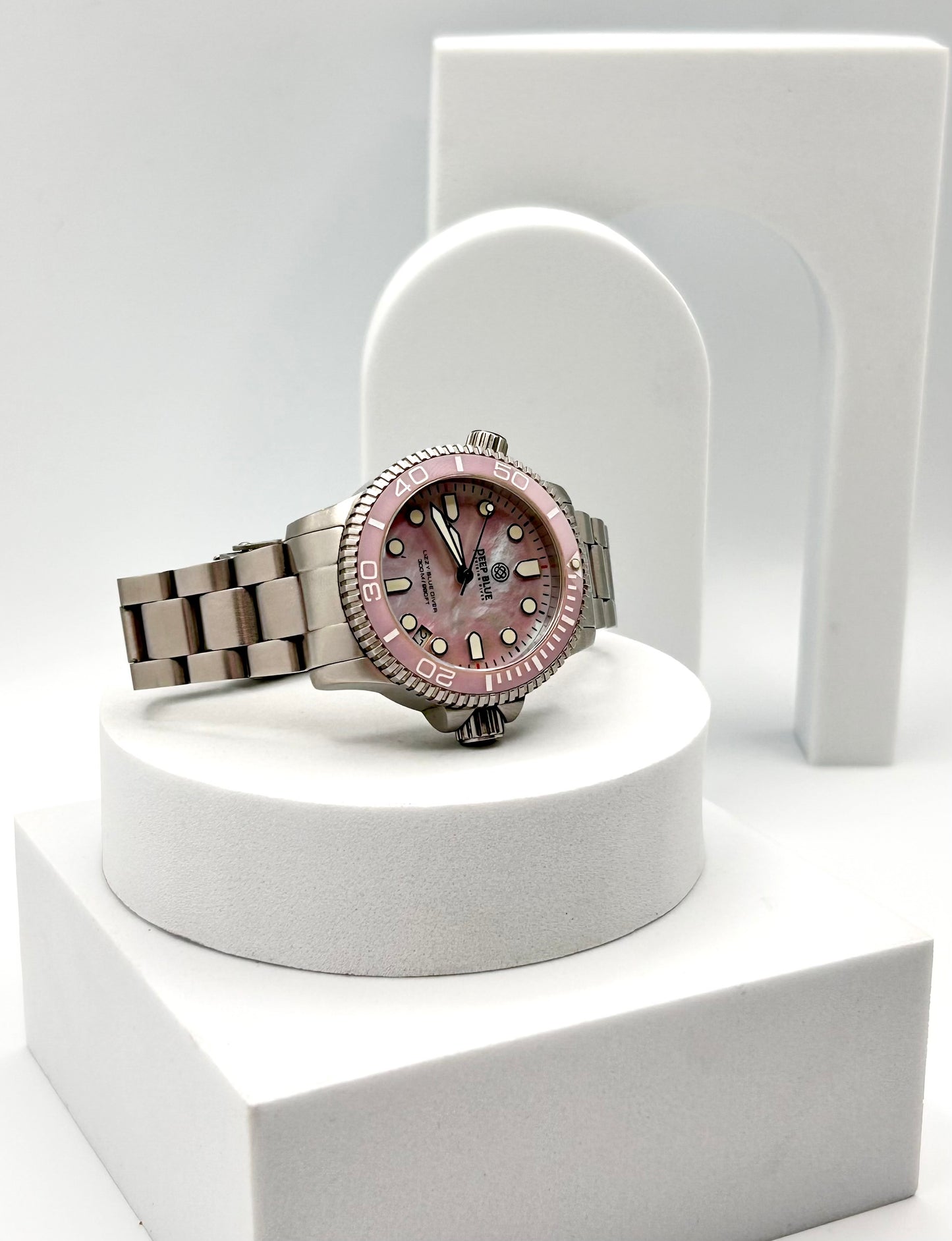 Deep Blue Precision River Lizzy Blue diver watch, 36mm size case, 6in size wrist bracelet.