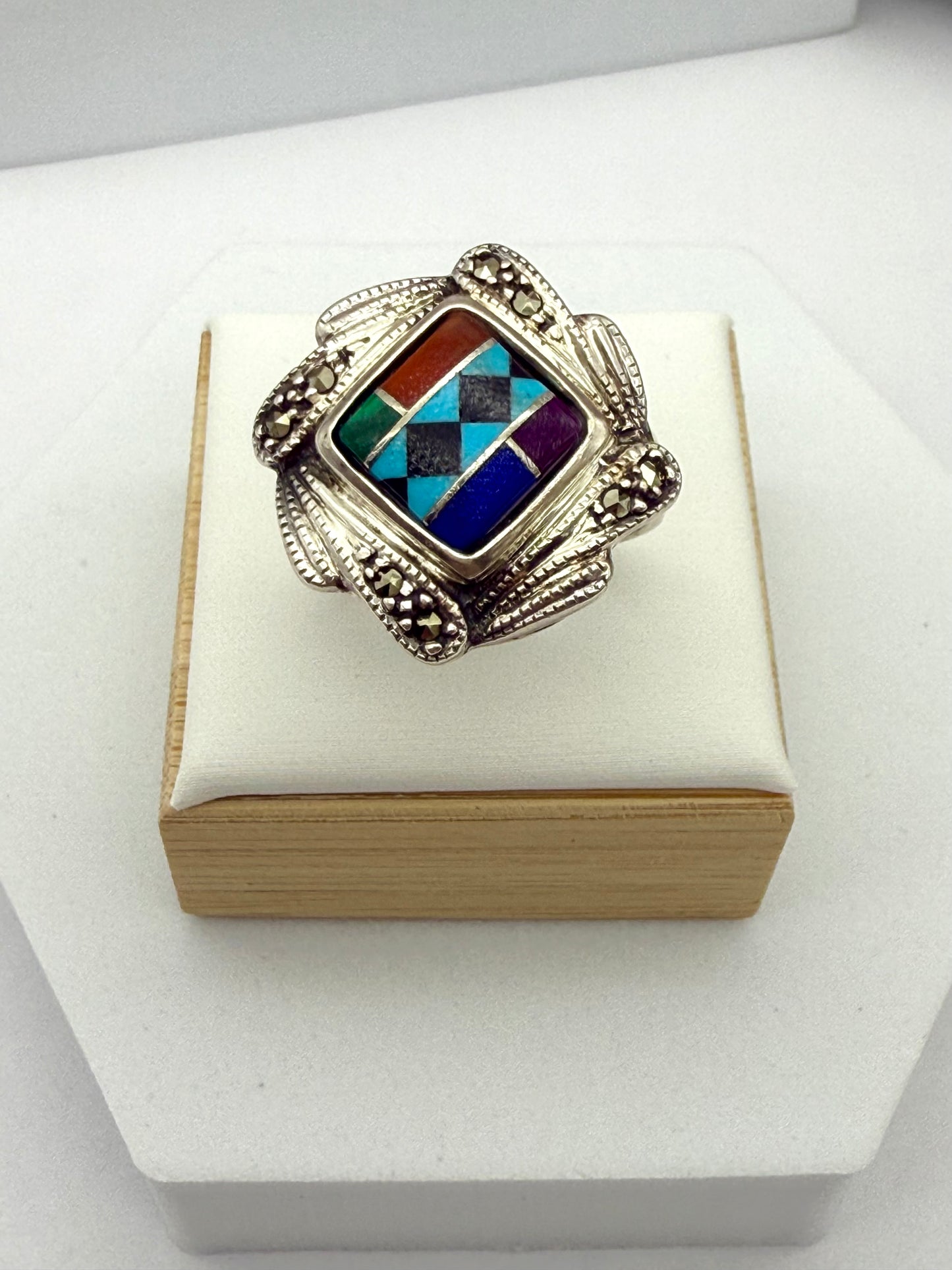 Vintage KC Sterling Silver Ring American Native Mosaic Inlay size # 9