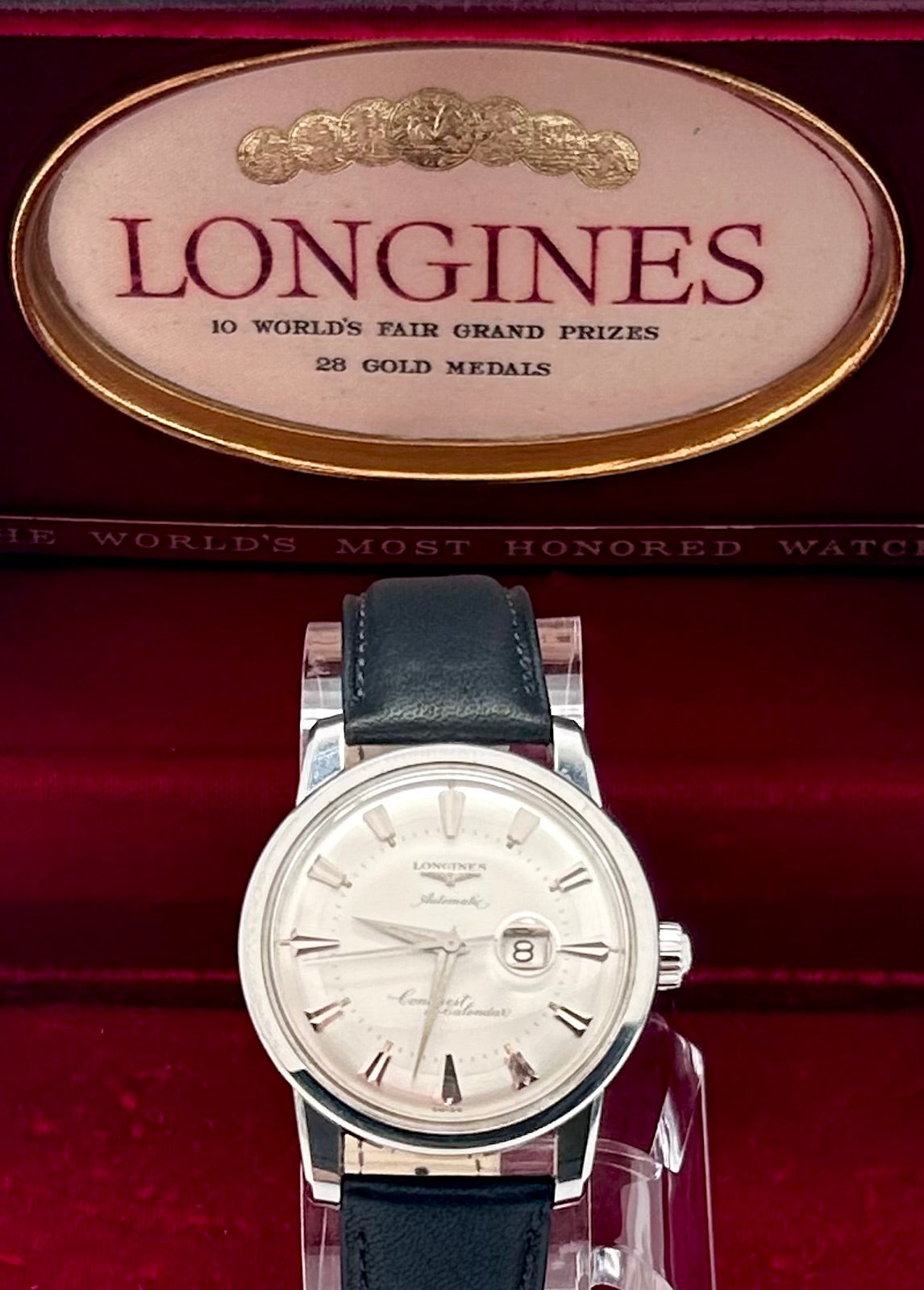 Vintage 1954 Longines Swiss watch, 36mm size case, 8in wrist leather band