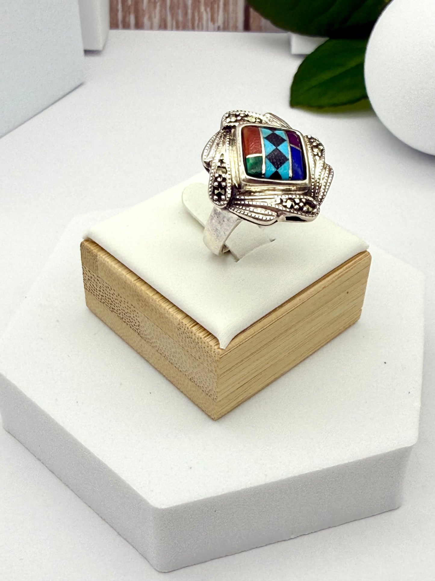 Vintage KC Sterling Silver Ring American Native Mosaic Inlay size # 9