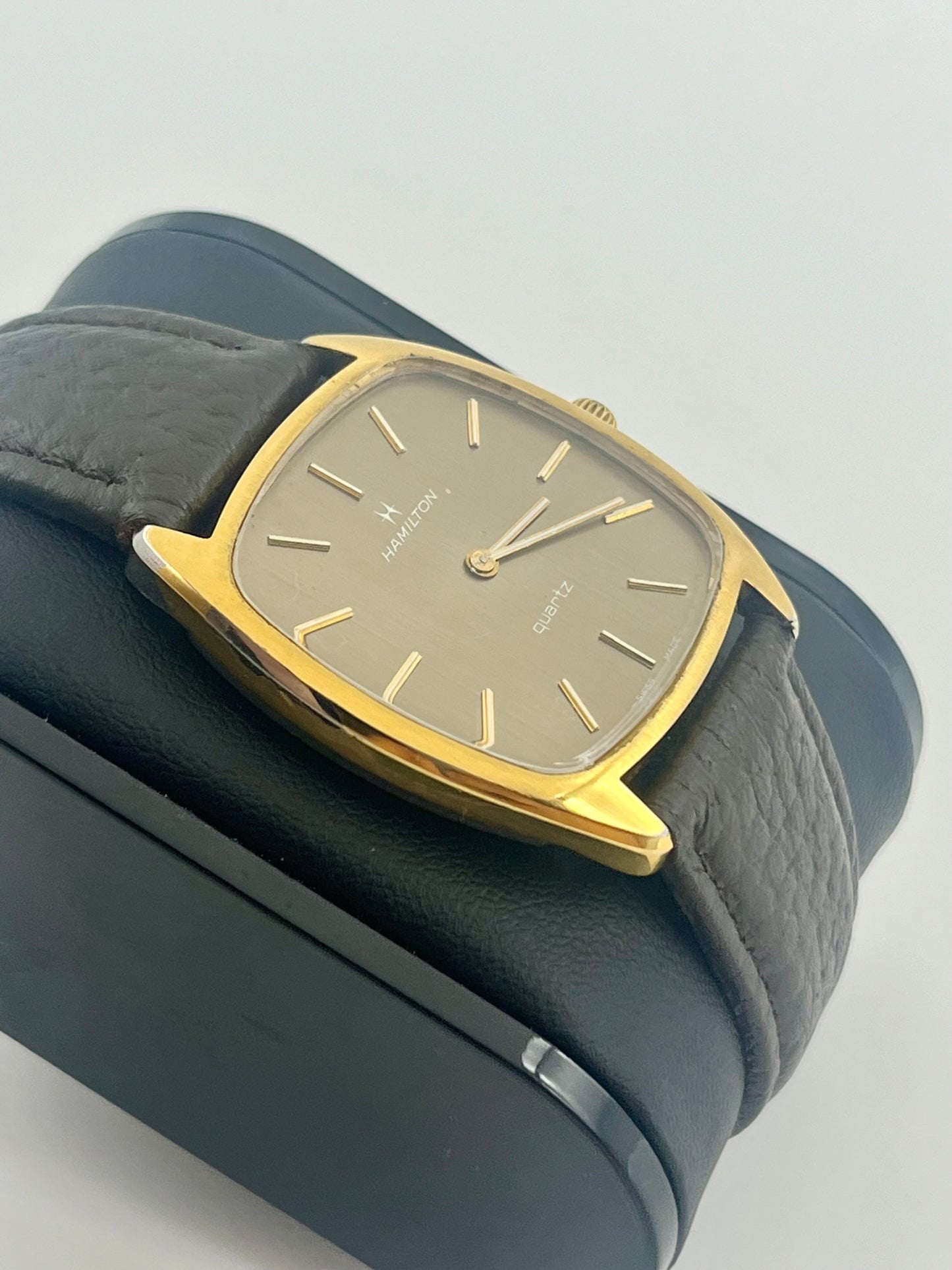 Vintage 1973 Hamilton watch, thank style, 14k gold electroplated bezel, 32mm size case, 8.5 long leather band