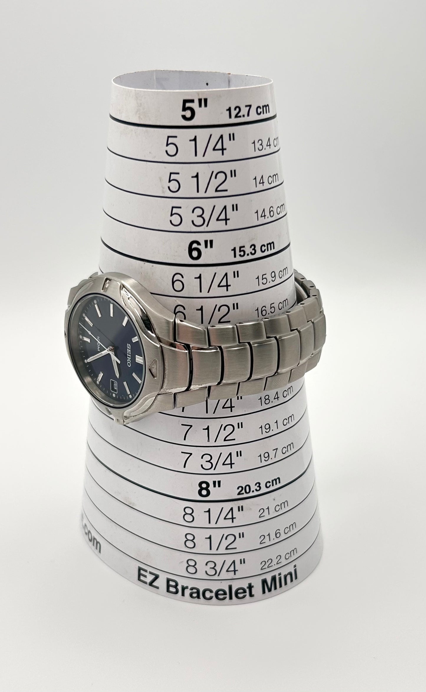 Seiko blue dial watch, 34mm size case, 7in size wrist bracelet