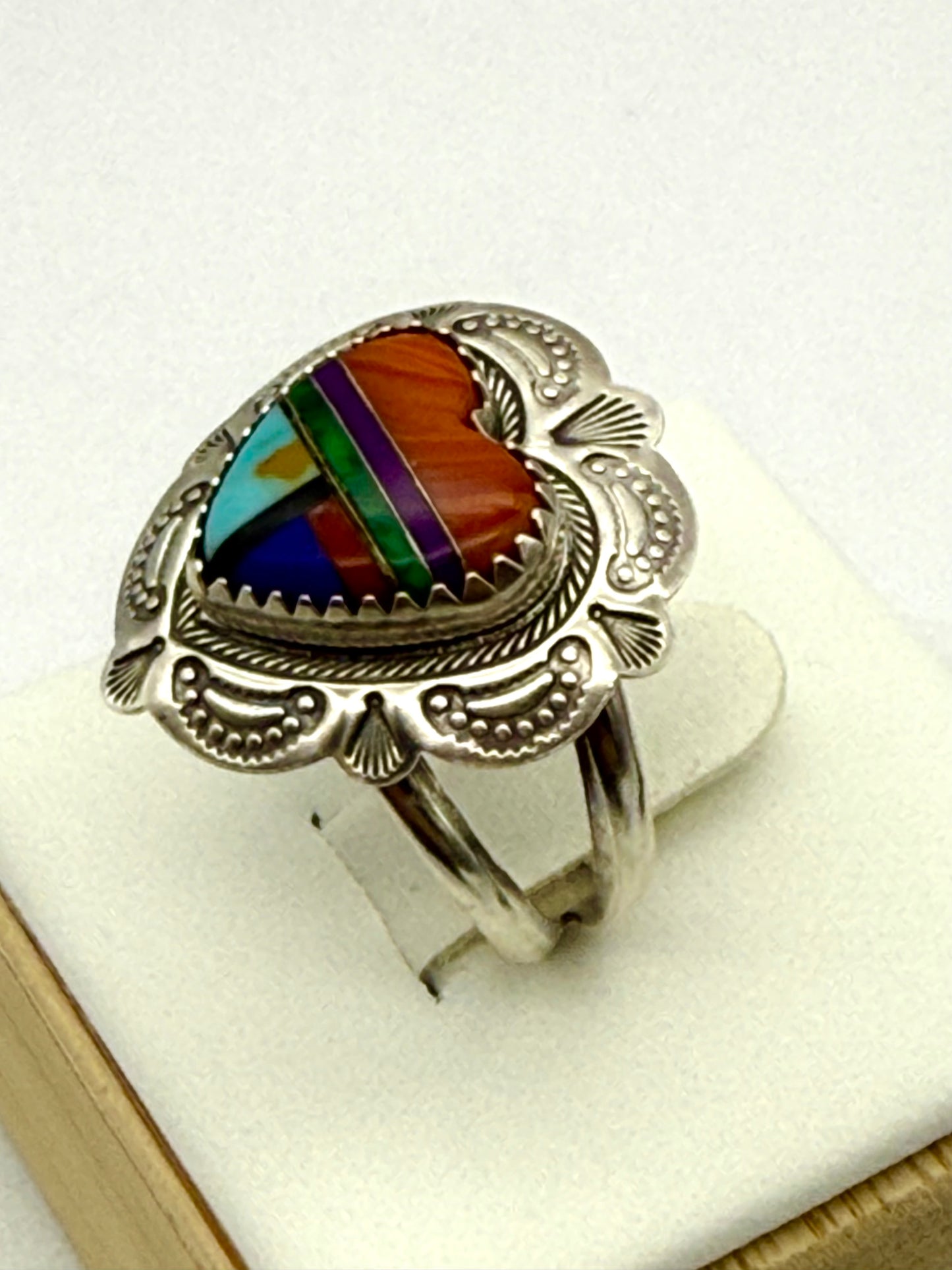 Vintage Q.T.O.  Native American Navajo Sterling Silver 925  Inlay Heart Ring