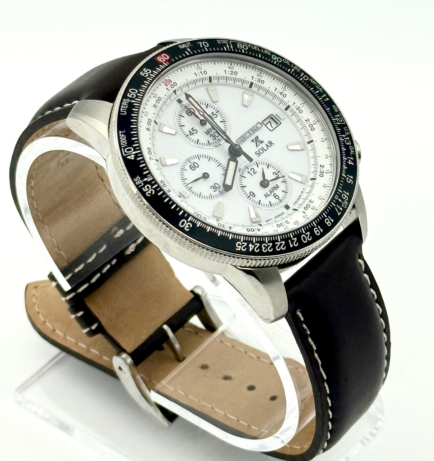 Seiko Flightmaster Solar Chronograph Pilot, 45mm size case, 8in size wrist leather band