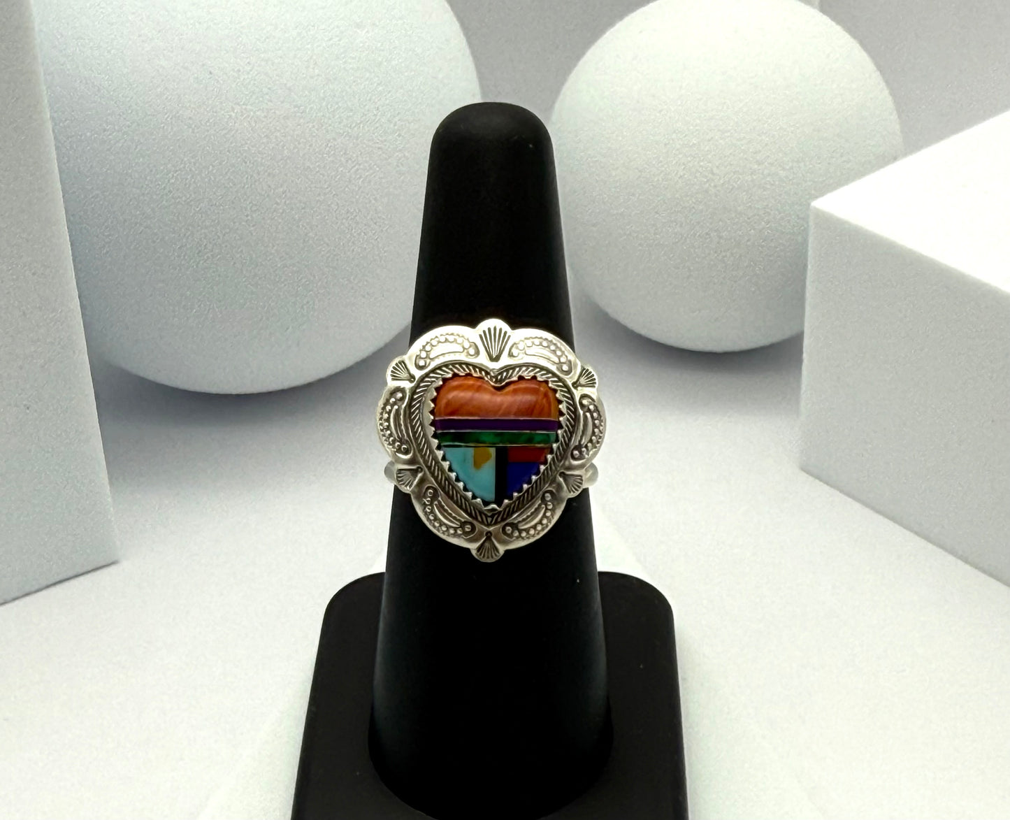 Vintage Q.T.O.  Native American Navajo Sterling Silver 925  Inlay Heart Ring