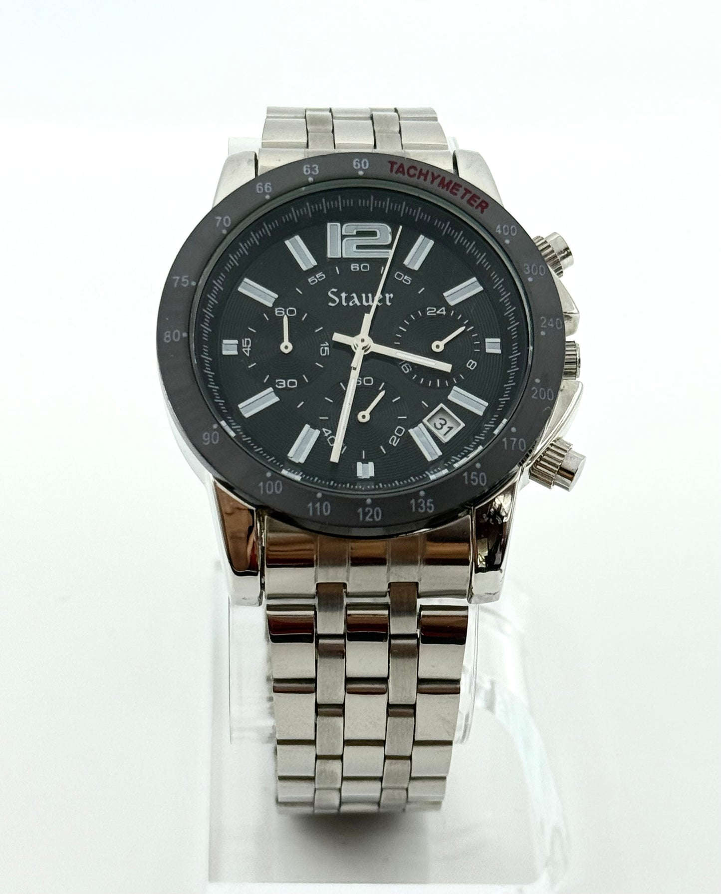 Stauer tachymeter new watch chronograph, 43mm size case, 8in size wrist bracelet