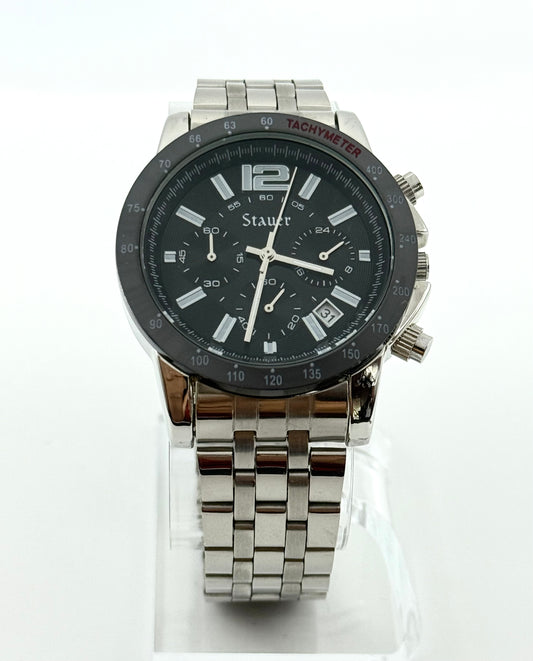 Stauer tachymeter new watch chronograph, 43mm size case, 8in size wrist bracelet