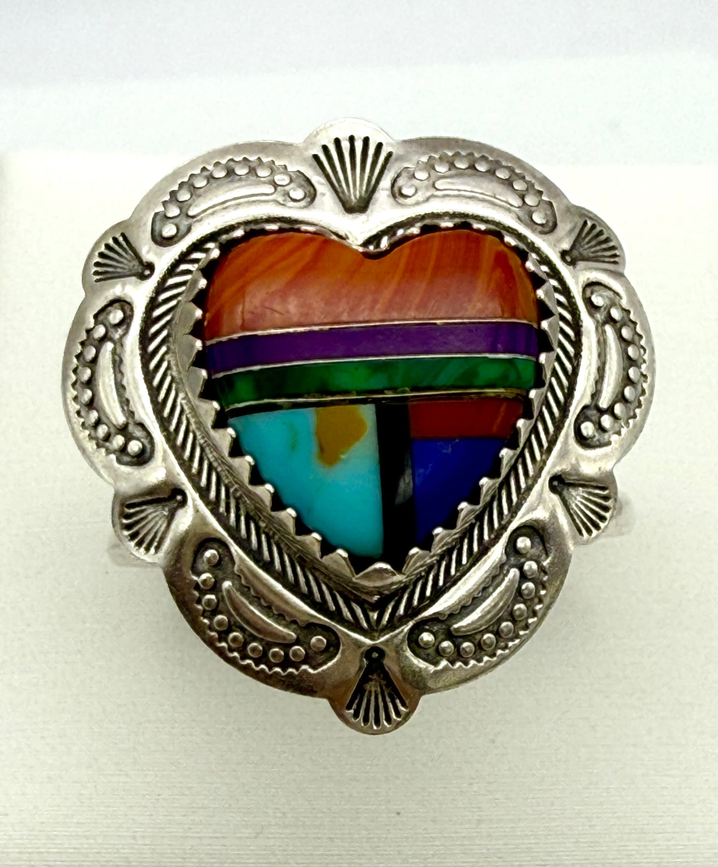 Vintage Q.T.O.  Native American Navajo Sterling Silver 925  Inlay Heart Ring