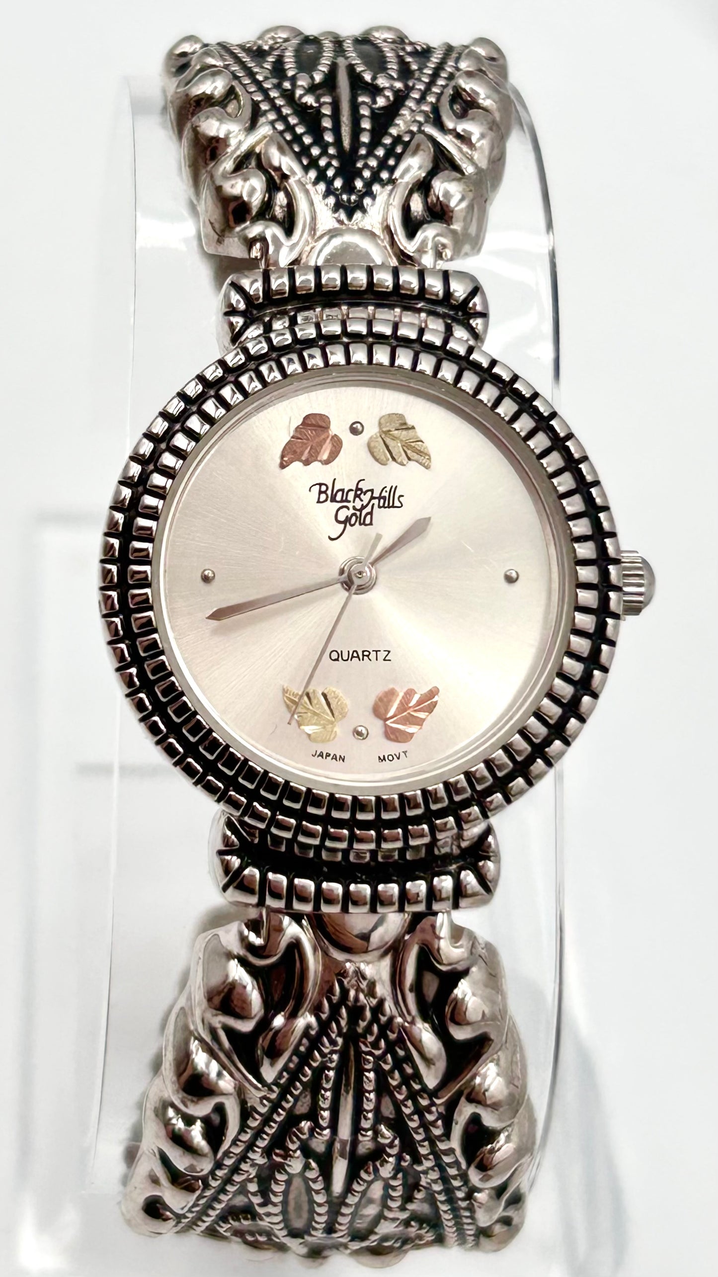 Vintage Black Hills Gold 12k and stainless steel cuff watch, 28mm size case, 5.5 in size wrist cuff