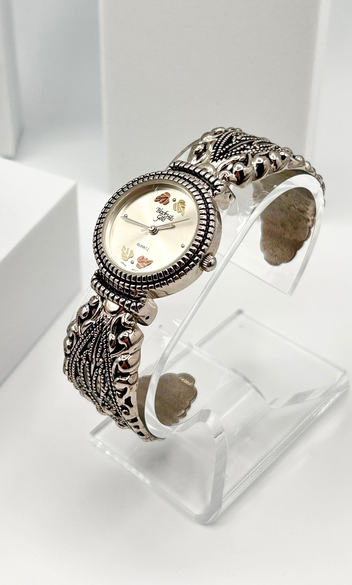 Vintage Black Hills Gold 12k and stainless steel cuff watch, 28mm size case, 5.5 in size wrist cuff