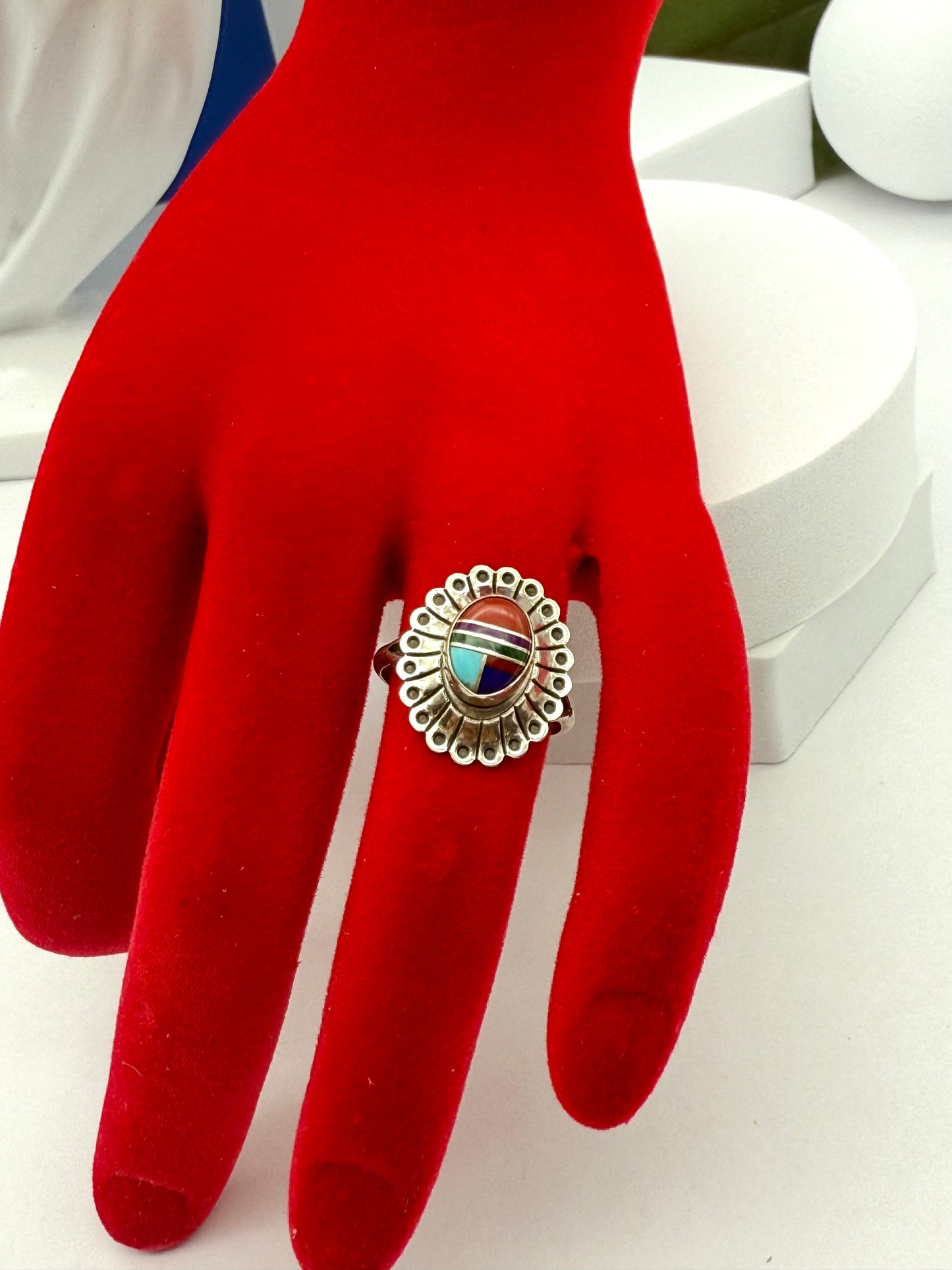 Vintage sterling silver ring American native Navajo inlay  size #5.5