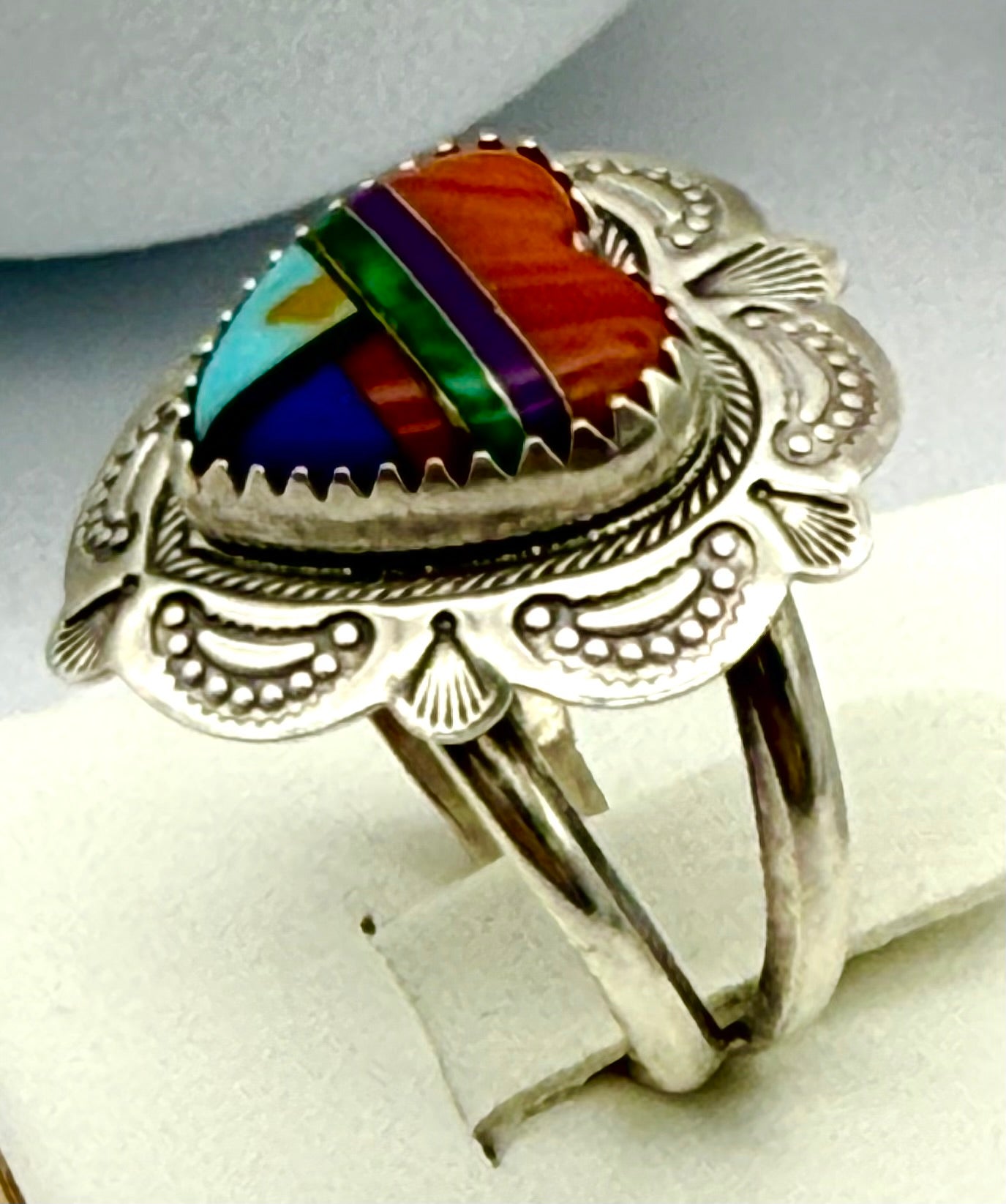 Vintage Q.T.O.  Native American Navajo Sterling Silver 925  Inlay Heart Ring