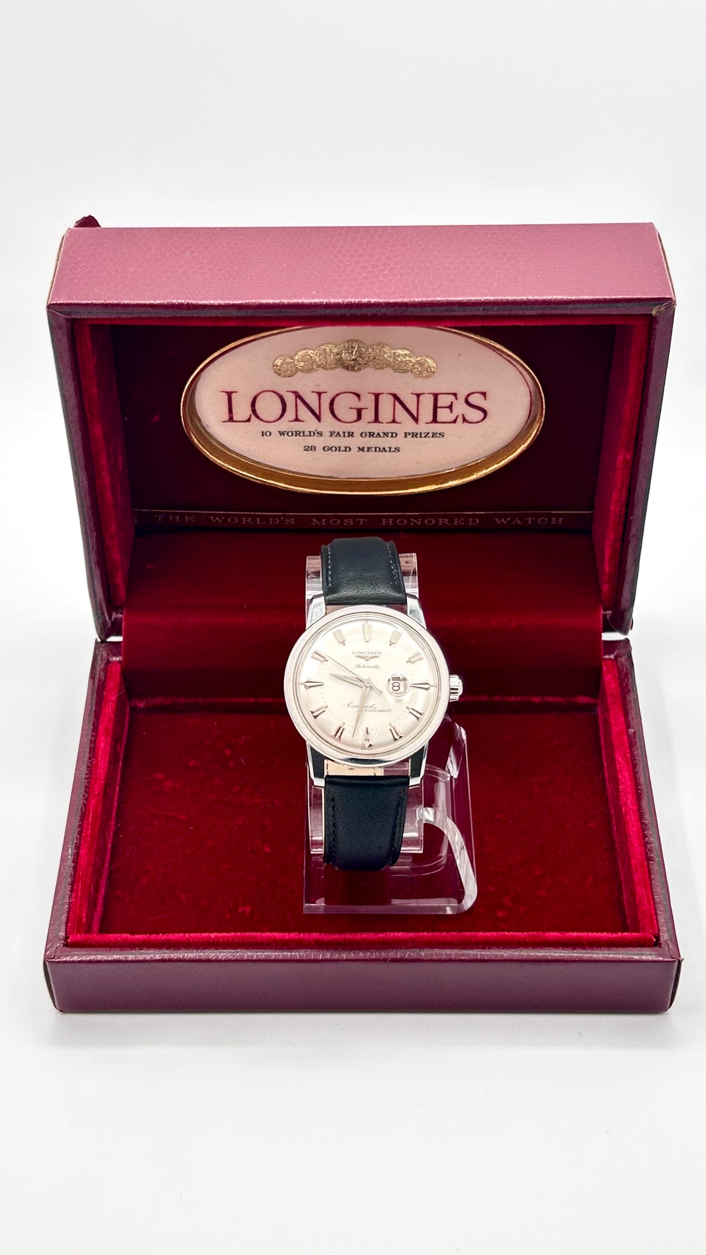 Vintage 1954 Longines Swiss watch, 36mm size case, 8in wrist leather band