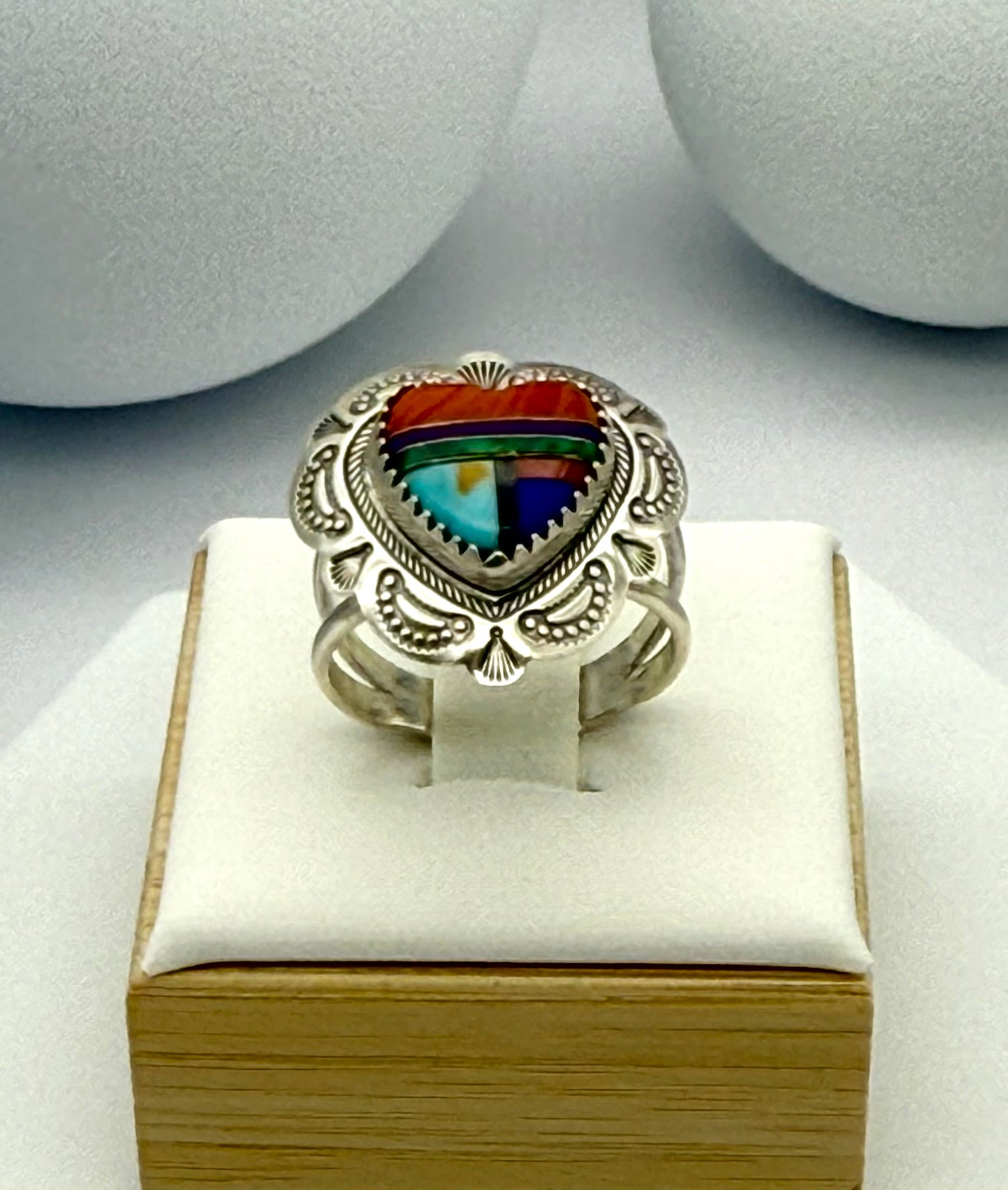 Vintage Q.T.O.  Native American Navajo Sterling Silver 925  Inlay Heart Ring