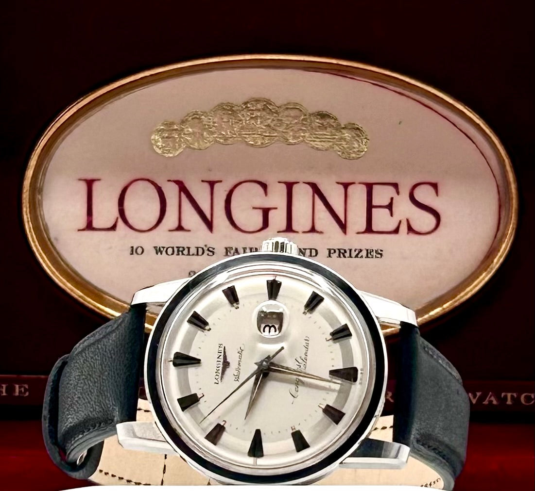 Vintage 1954 Longines Swiss watch, 36mm size case, 8in wrist leather band
