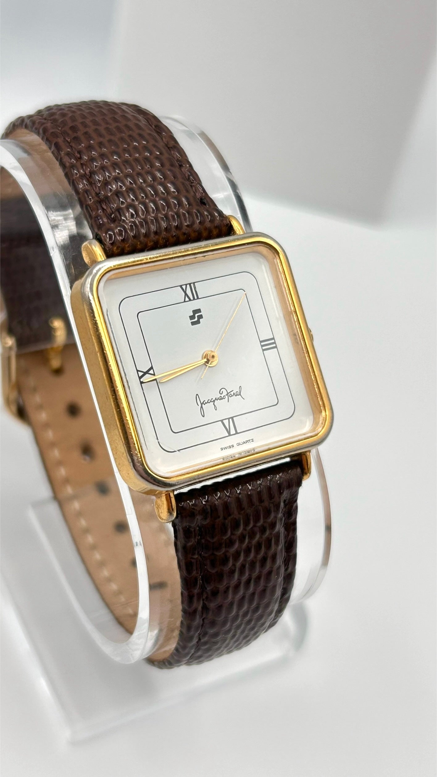 Vintage Jacques Farel watch, Swiss made, 27mm size case, 7in seize leather band.