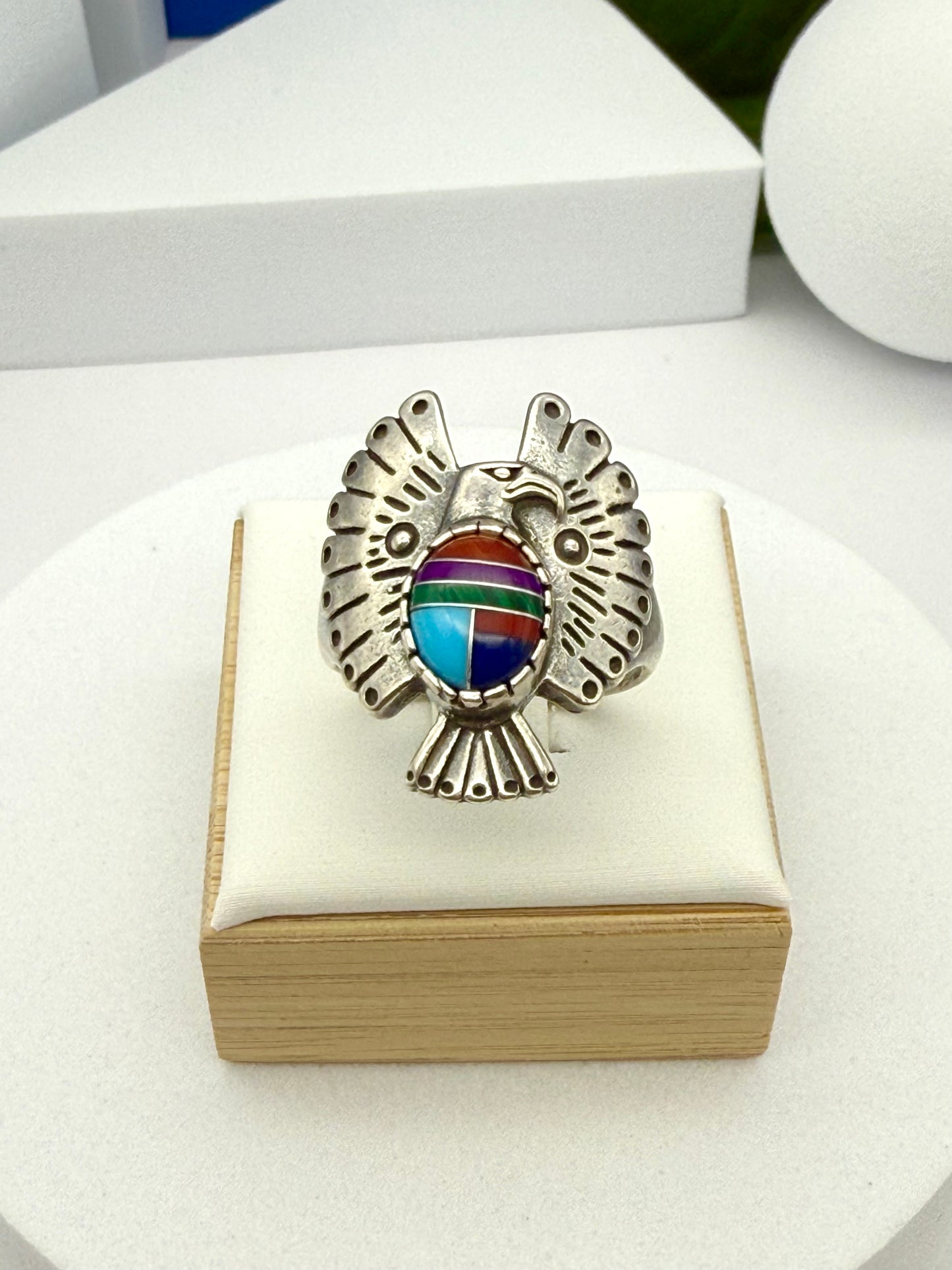 Vintage sterling silver ring American native Navajo inlay  size #9.5