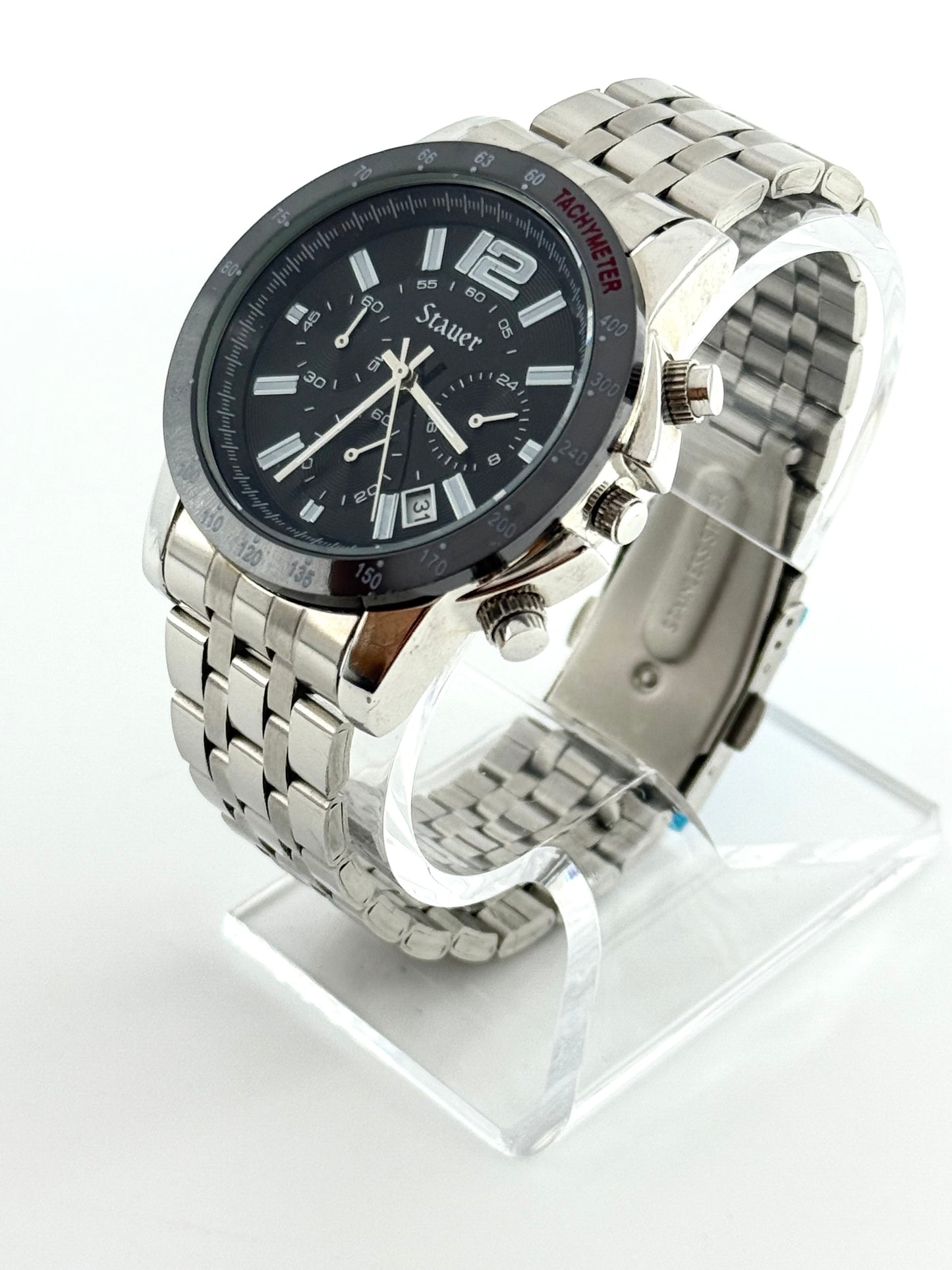 Stauer tachymeter new watch chronograph, 43mm size case, 8in size wrist bracelet