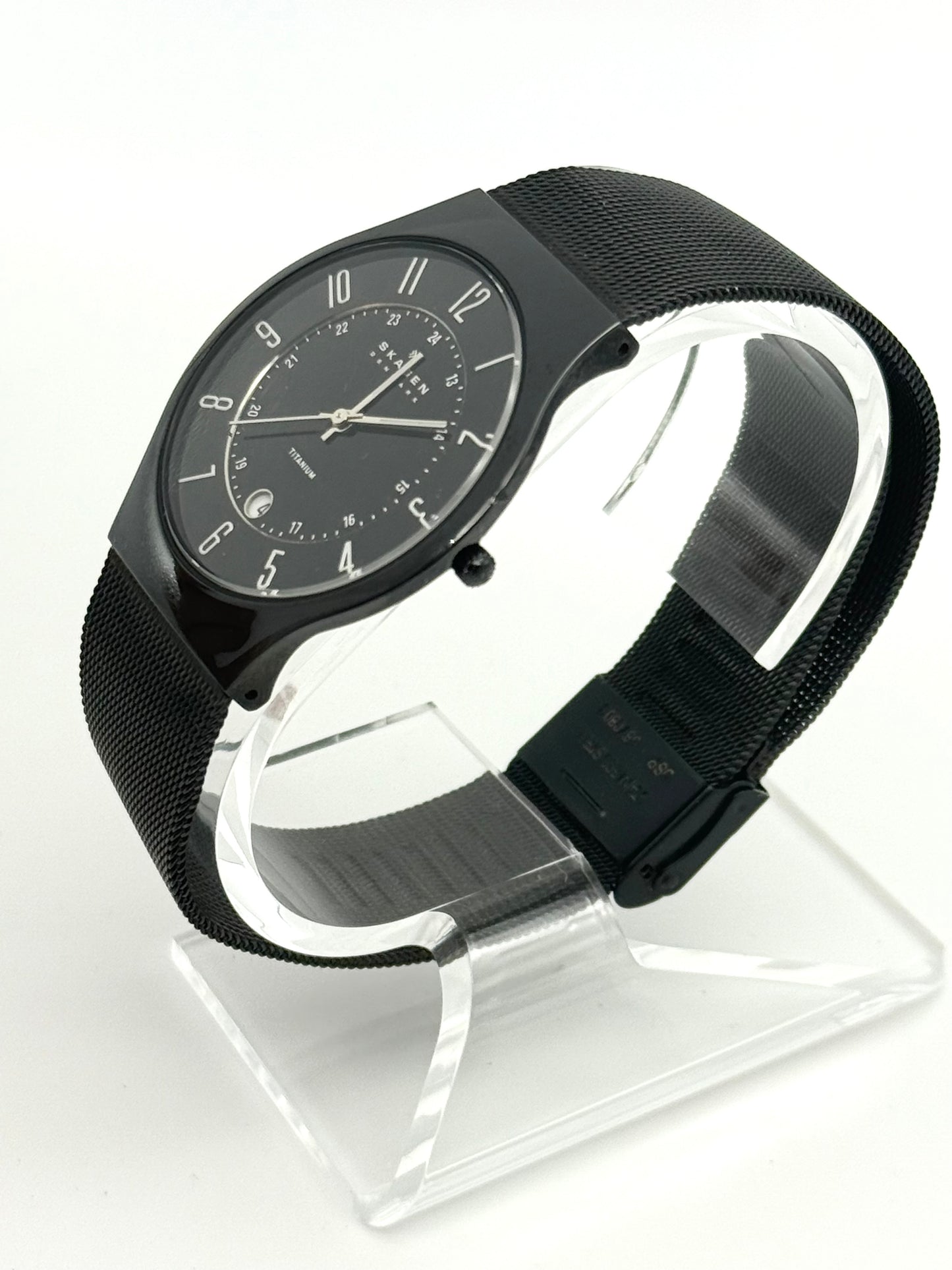 Skagen titanium watch, 38mm size case, 9.5in sizable wrist bracelet