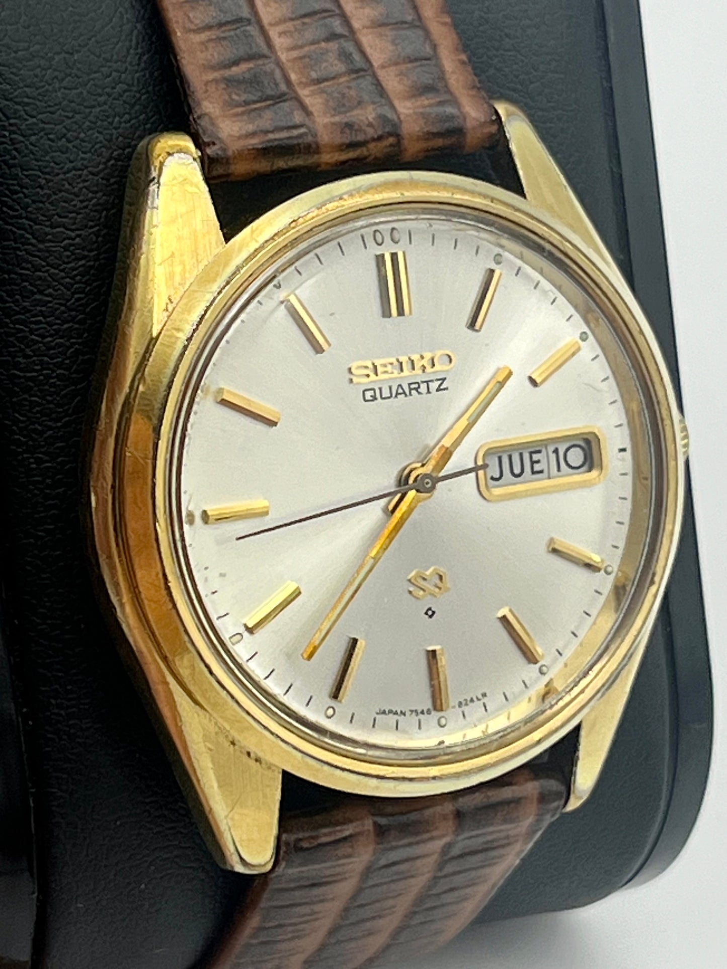 Vintage 1978 Seiko SQ 7446-8179 watch, size case 36mm, 8in leather band long