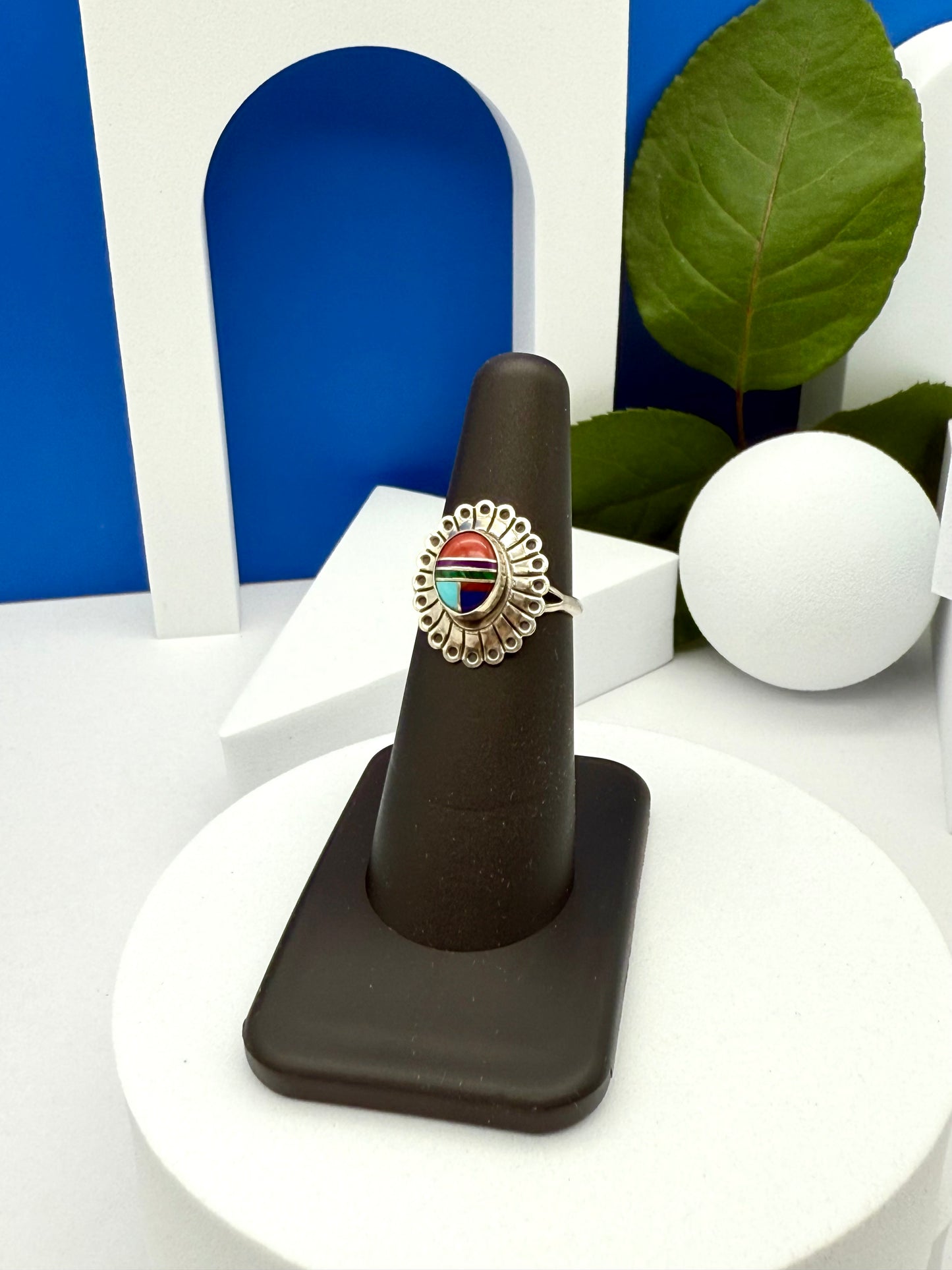 Vintage sterling silver ring American native Navajo inlay  size #5.5