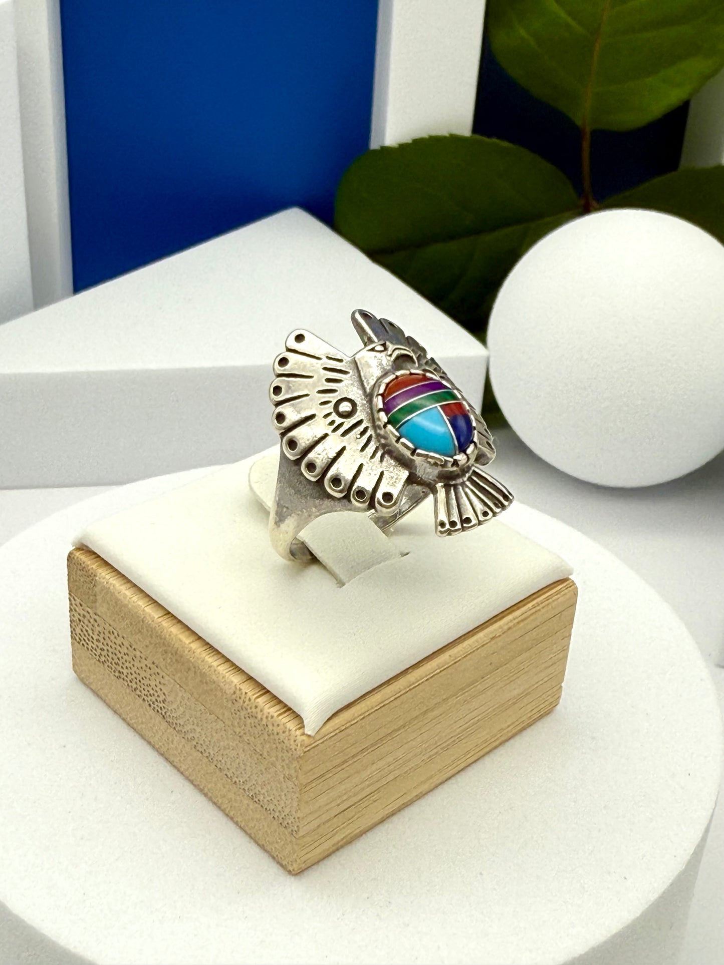 Vintage sterling silver ring American native Navajo inlay  size #9.5
