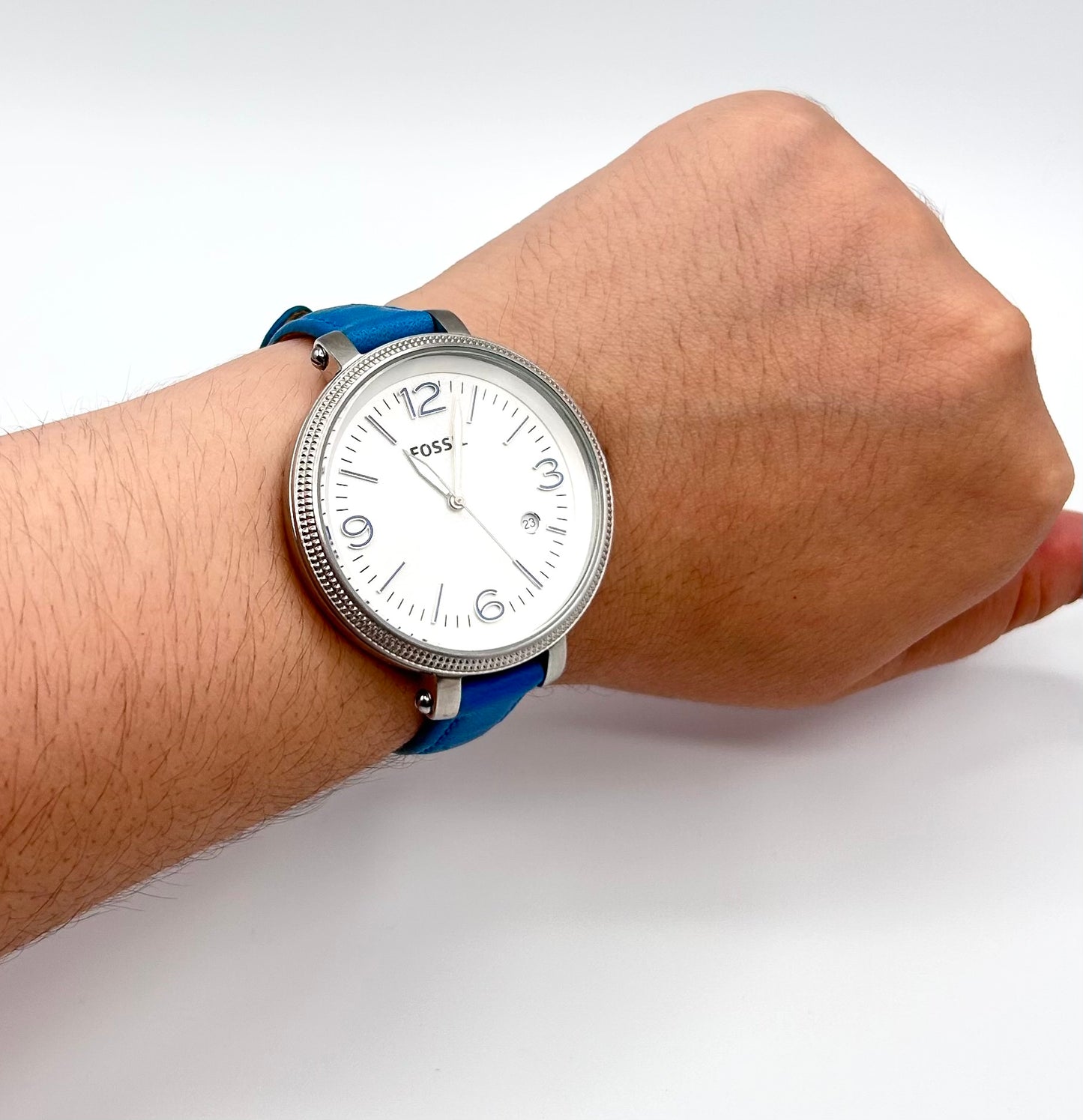 Fossil Heather Blue women’s watch, 40mm size case, 8in size wrist leather band