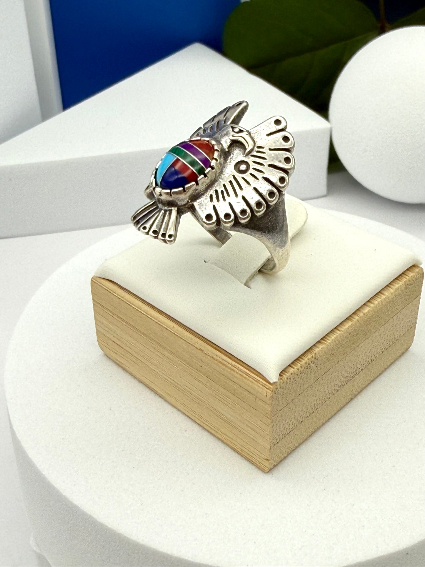 Vintage sterling silver ring American native Navajo inlay  size #9.5